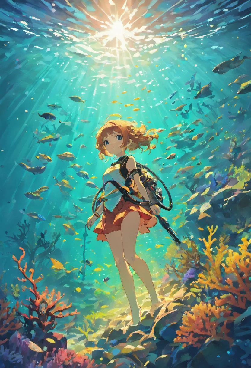 (best quality,4k,8k,highres,masterpiece:1.2),ultra-detailed,realistic,scuba diving,deep ocean,underwater,boy,submerged,coral reef,colored fishes,vibrant colors,detail description,submerged perspective,sun rays,sparkling water,diving gear,flippers,diving mask,bubble streams,adventure,exploration,marine life,seaweed,fish shoal,peaceful environment,serene ambiance,tranquil,calm,blues and greens colortones,soft lighting