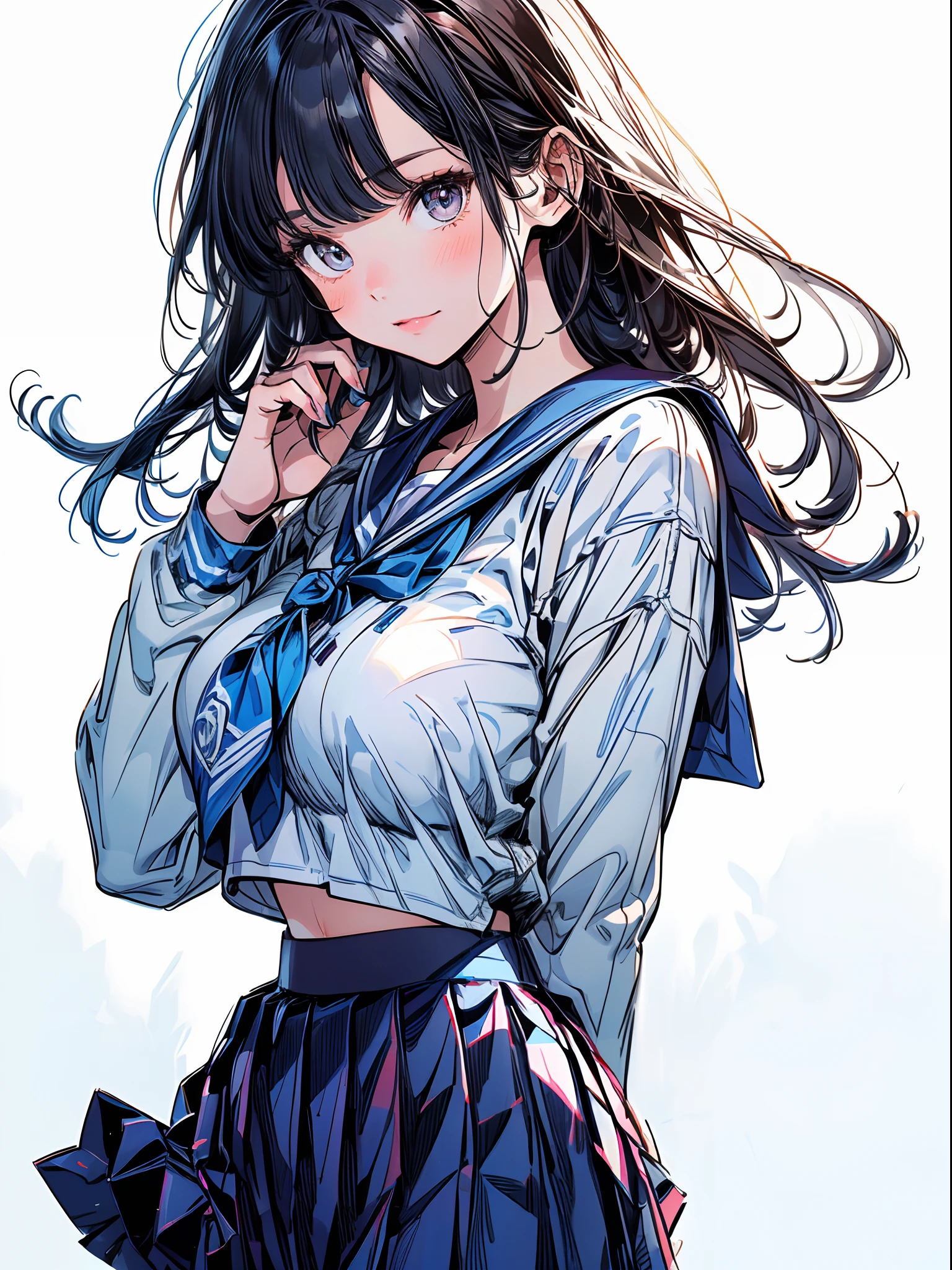 One Cute Pure Girl,(Solo:1.2),lightsmile,Black Bob Cut,(serafuku,blue sailor collar, Pleated skirt:1.4),(large boob:1.3),Beautiful detailed eyes,long eyelashes,Beautiful detailed skin,(PastelColors,sketch:1.3),masutepiece,Best Quality,Insanely detailed, amazing,superfine illustration,Intricate details,Perfect Anatomy,5 fingers