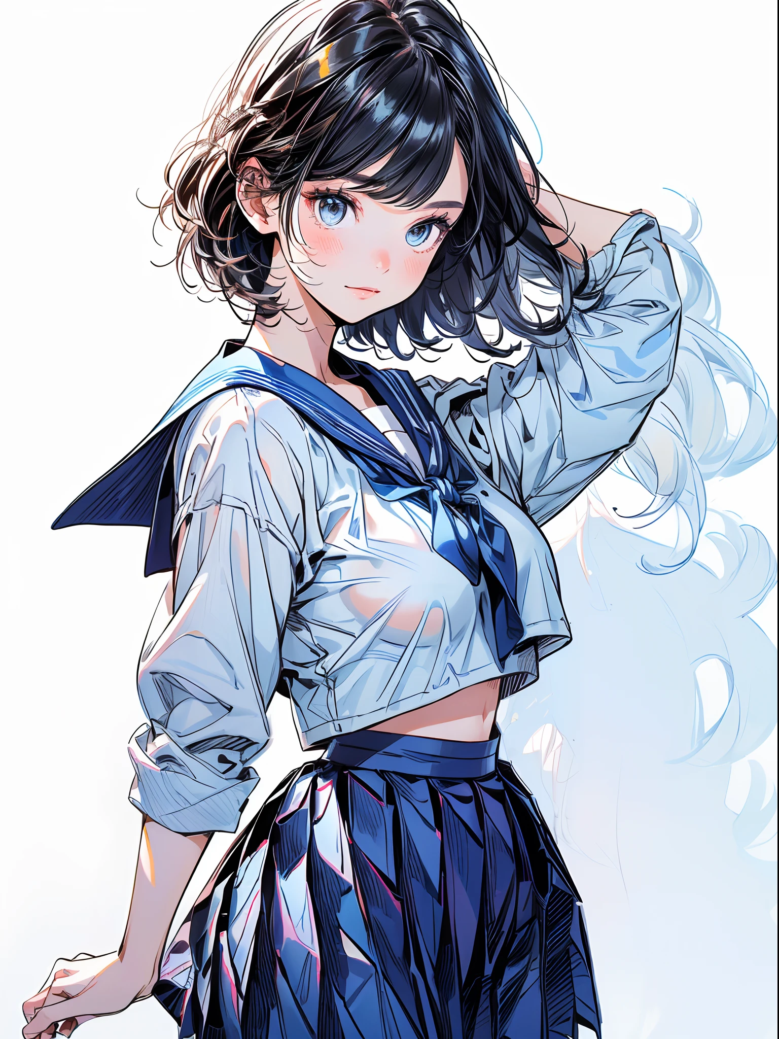 One Cute Pure Girl,(Solo:1.2),lightsmile,Black Bob Cut,(serafuku,blue sailor collar, Pleated skirt:1.4),(large boob:1.3),Beautiful detailed eyes,long eyelashes,Beautiful detailed skin,(PastelColors,sketch:1.3),masutepiece,Best Quality,Insanely detailed, amazing,superfine illustration,Intricate details,Perfect Anatomy,5 fingers