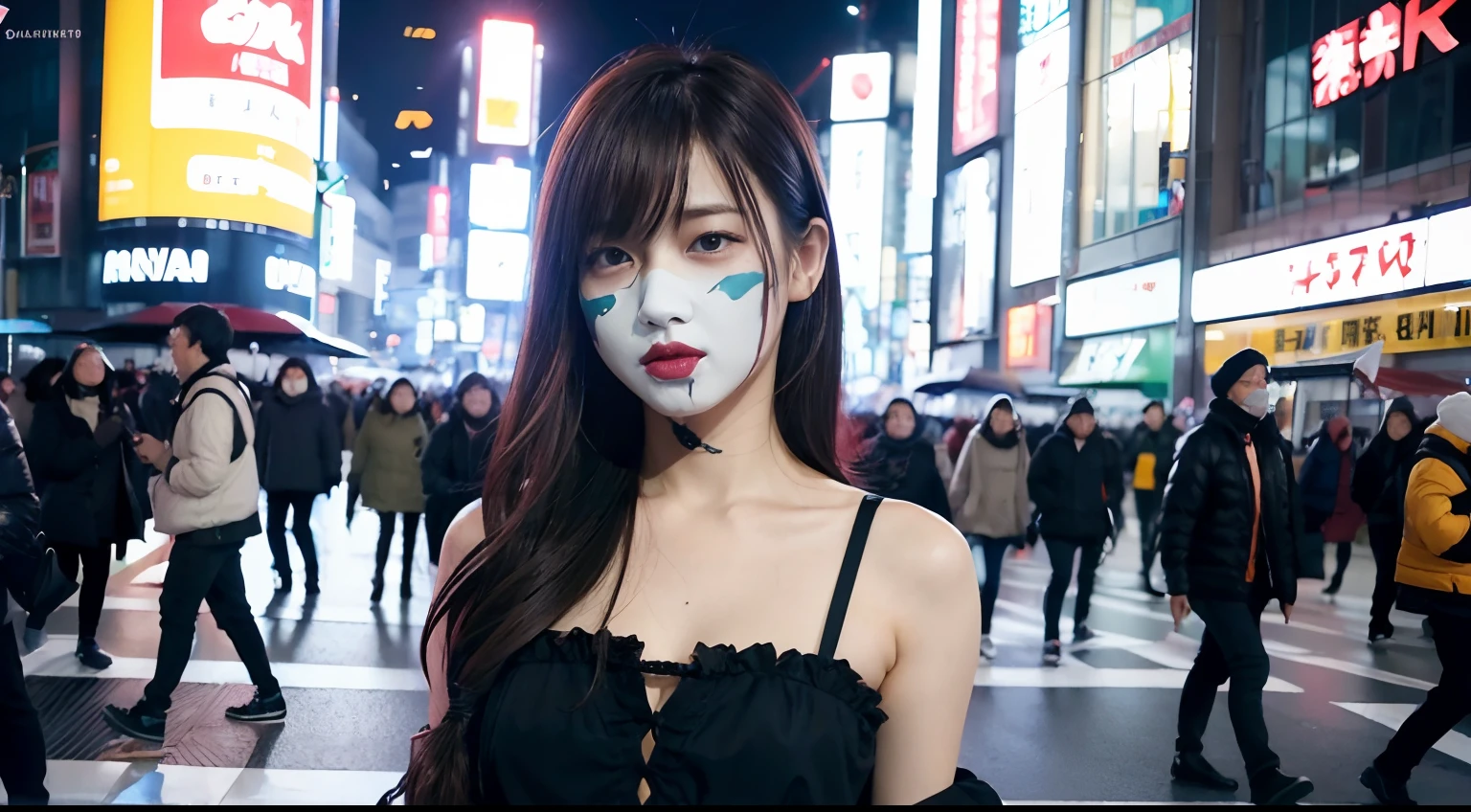 ((top-quality、8K、masterpiece:1.3))、Photorealsitic, foco nítido, high-level image quality, hight resolution, Portrait, Solo, japanes, Beautie, Woman with blood on her face, Spicy face, Tattered costume, 20 Age, (a small face:1.3), Smaller chest, In the city of Halloween, Shibuya,Shibuya Scramble Crossing, natta, neons,