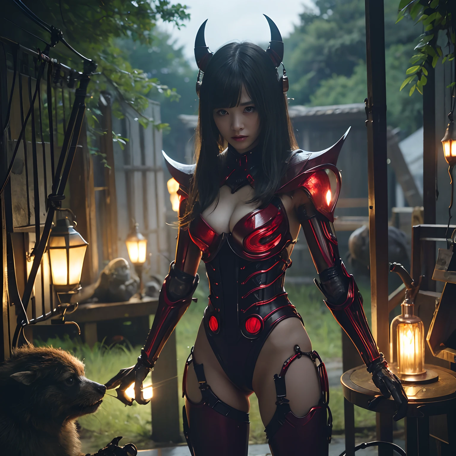 (1 Mechanical Girl)、top-quality、masterpiece、超A high resolution、(Photorealsitic:1.4)、Raw photo、女の子1人、Fight mutants、glowy skin、(((1 Mechanical Girl)))、With a beautiful knife、(Yellow Metal Bodysuit)、(Kobold、ogre、Fierce battle with orcs),(Fight fiercely against aliens)、Fight fiercely、(beautiful forest background)、(Fighting Demonic Beasts)、(Small LED)、((super realistic details))、portlate、(Strong giant demon beast background),globalillumination、Shadow、octan render、8K、ultrasharp、Colossal tits、Raw skin is exposed in cleavage、metals、Details of complex ornaments、Japan details、highly intricate detail、Realistic light、(Mystical expression),CGSoation Trends、Red Eyes、radiant eyes、Facing the camera、neon details、(Mechanical limbs)、(blood vessels connected to tubes)、Mechanical vertebrae attached to the back、mechanical cervical attaching to neck、(Wires and cables connecting to the head)、Gundam、Small LED、,Mechanical thighs、Toostock、(Hands are also made of machines)、(Attack of the Monster Beasts)、(Wounded in a deadly battle)、