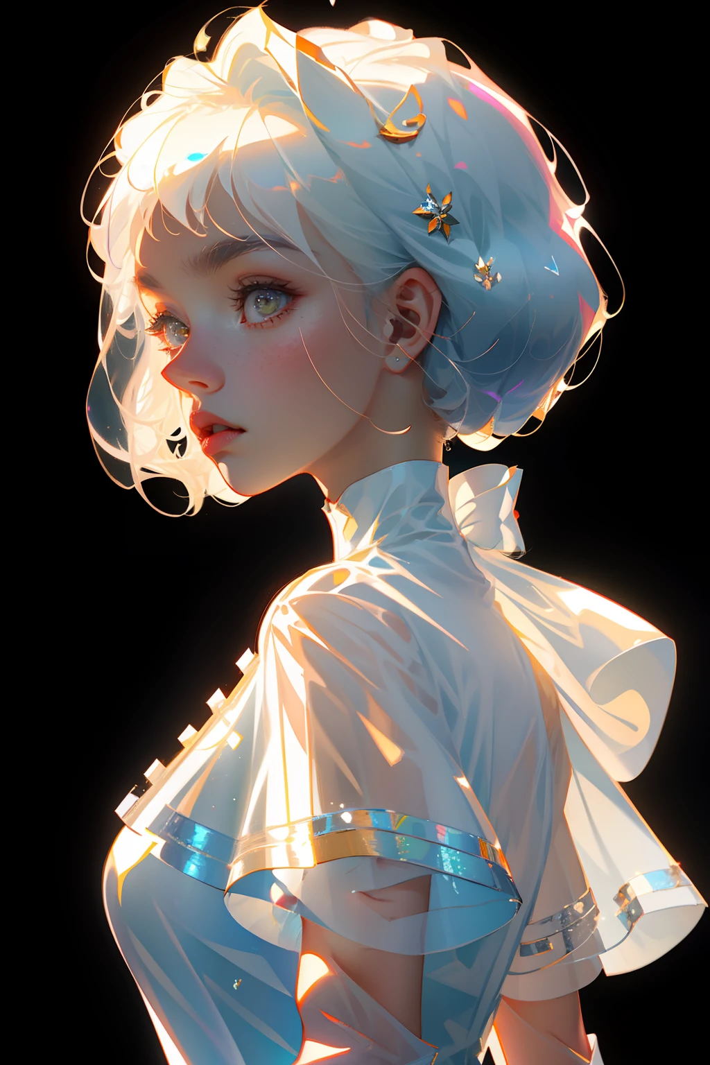 Highest quality,The perfect masterpiece,Perfect artwork,Official Works,8K,
(Upper Body Portrait:1.3),((Seen from the side:1.5)),close-up lens,Delicate face,
,White-haired girl,(hakuhatsu:1.5),short and medium hair,((White transparent eyes:1.5)),(white dress:1.2),(Transparent clothing:1.2),(Black background:1.3),
pearl illusion,Cyberpunk,fashion trend,3s material,high-definition,detail representation,c4d,3D,octane rendering,ray tracing,complex details,animated lighting,OCrenderer,
