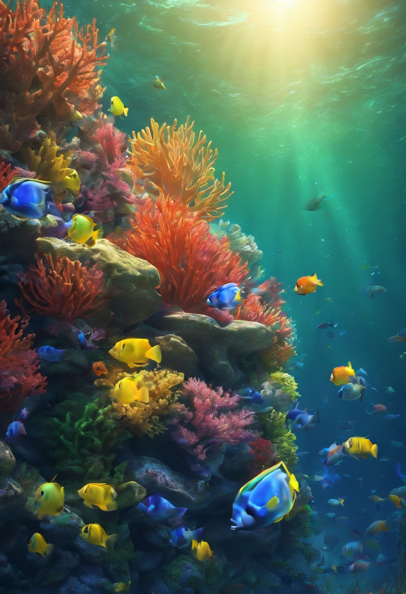 (best quality,4k,8k,highres,masterpiece:1.2),ultra-detailed,realistic,scuba diving,deep ocean,underwater,boy,submerged,coral reef,colored fishes,vibrant colors,detail description,submerged perspective,sun rays,sparkling water,diving gear,flippers,diving mask,bubble streams,adventure,exploration,marine life,seaweed,fish shoal,peaceful environment,serene ambiance,tranquil,calm,blues and greens colortones,soft lighting