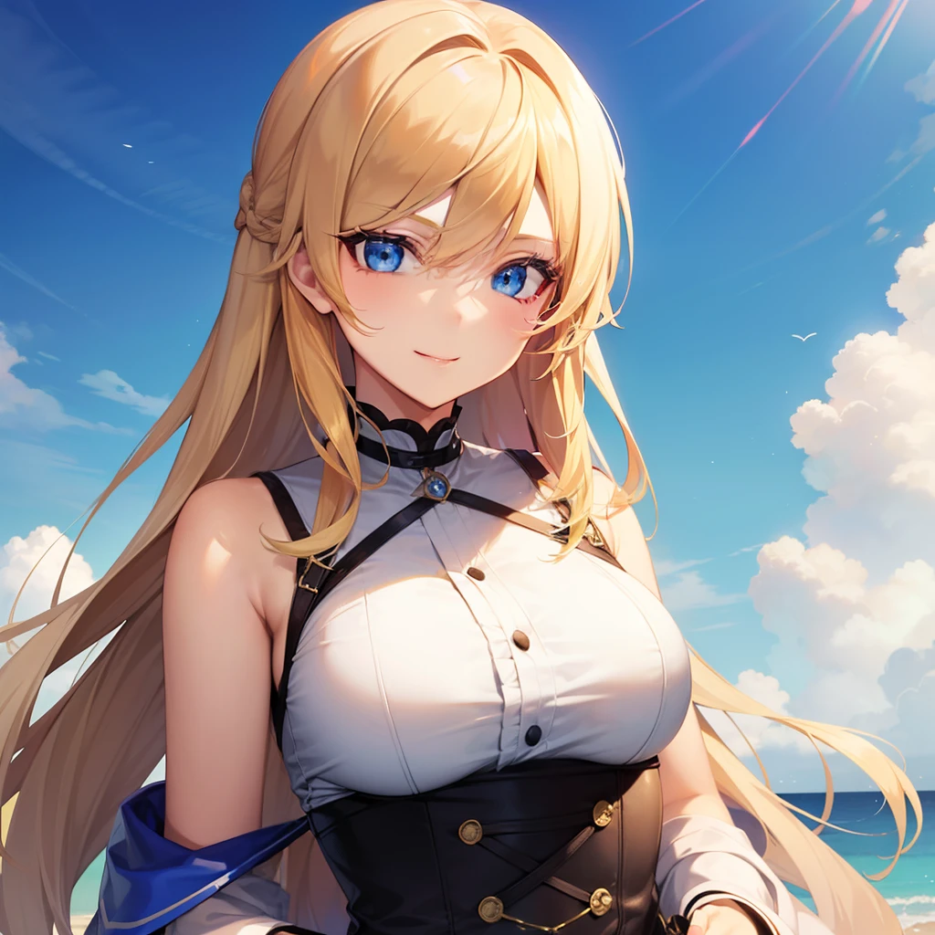 White Dress、Bright green eyes, Beautiful eyes in every detail、 iris、Shining Eyes, (((Blond fluffy hair)))、(((((One Girl))))),Multicolored Hair、Inner Color、20歳woman、Short Hair、1 girl、(((Embarrassed look)))、Beautiful sky、8k background、Center of chest、whole body、woman、Sleeveless、Beautiful background
