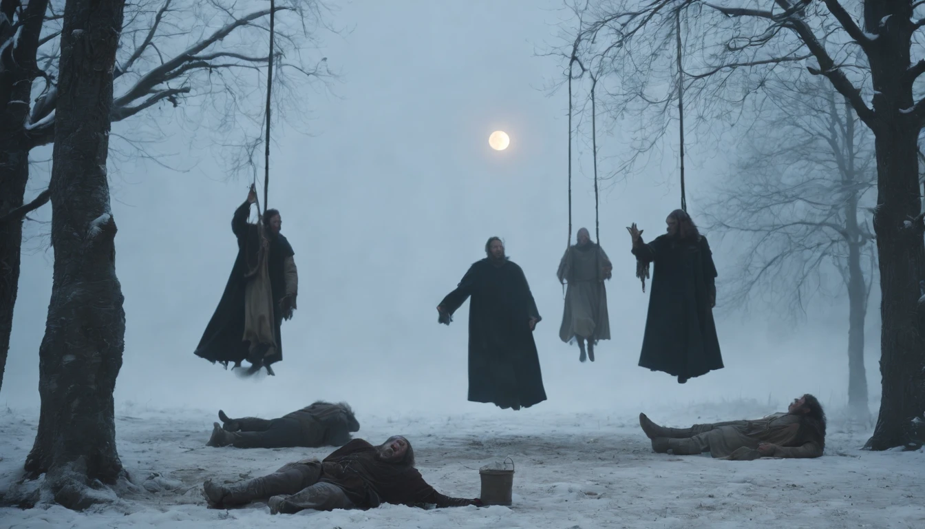 medieval hungary, three corpses swinging from trees by the dirt roadside, snow, eerie, scary, mystical, night, moon in sky, cinematic scene from film