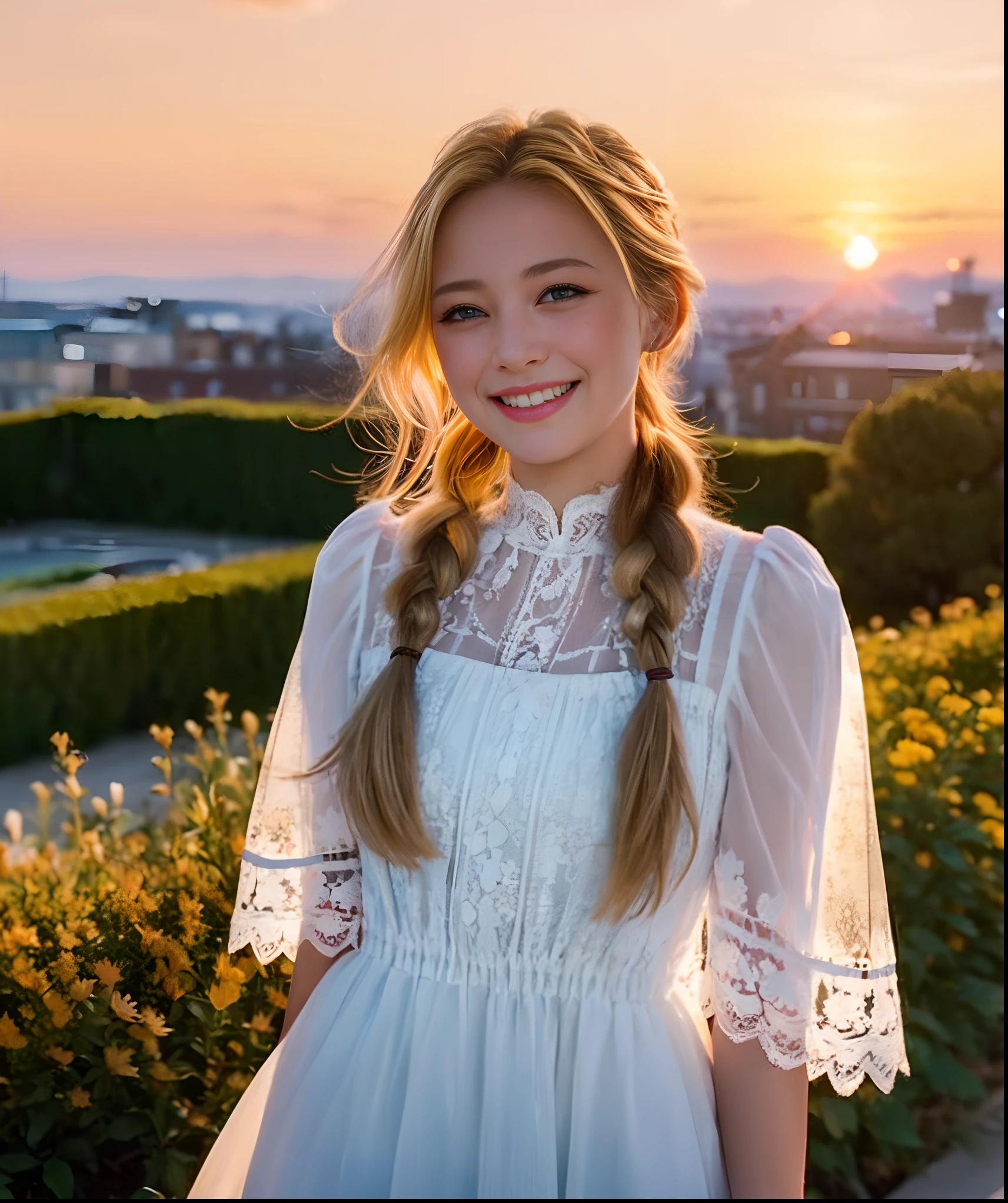 best quality, masterpiece, extremely detailed, detailed background, 1girl, solo, yellow hair, blue eyes, braid, long hair, wavy hair, fluffy hair, ponytail, french braid, blush, smile, capelet, lace trim, bodice, sunset, dusk, scenery, high place, horizon, wind, wind blow, flowerbed, looking at viewer, depth of field, bokeh