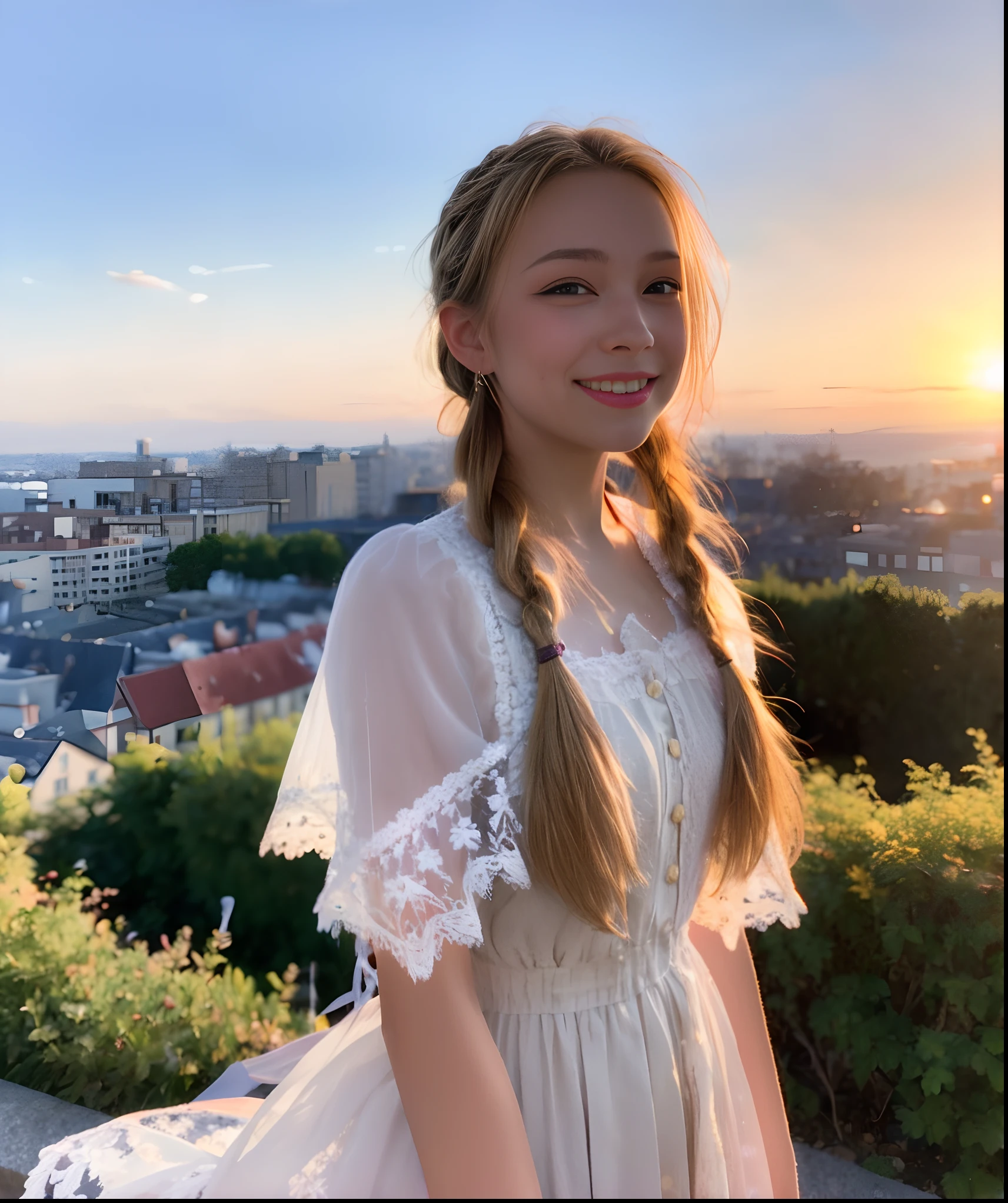 best quality, masterpiece, extremely detailed, detailed background, 1girl, solo, yellow hair, blue eyes, braid, long hair, wavy hair, fluffy hair, ponytail, french braid, blush, smile, capelet, lace trim, bodice, sunset, dusk, scenery, high place, horizon, wind, wind blow, flowerbed, looking at viewer, depth of field, bokeh