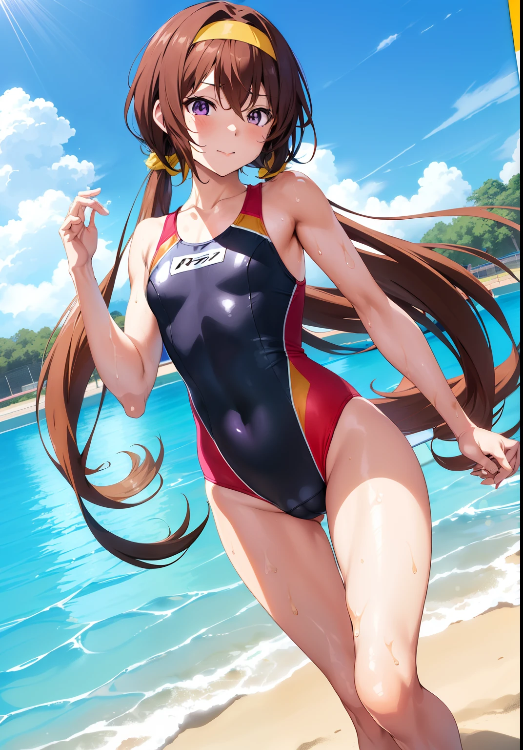 Anime boy in swimsuit, Long twin-tailed brown-haired boy, Boy with long two-sided brown hair, Boy with Purple Eyes, wearing a swimming wear, Swimsuit, Wet swimsuit, Seductive Anime Boy, garments:High-cut swimwear, Cool anime boy in black and yellow tanksuit, anime moe art style, swim wears, Black and yellow high leg racing swimwear, Commission for high resolution, Competitive swimsuit, (Anime Boy), onepiece swimsuit, marin kitagawa fanart, high quality fan art, highleg, cel shaded anime, swimsuit model, High Leg Racing Swimwear, oc commission, [ 4 k digital art ]!!, Realistic swimwear, Yellow Hairband, Bare shoulders, bare legs, !!Full body portrait!!,