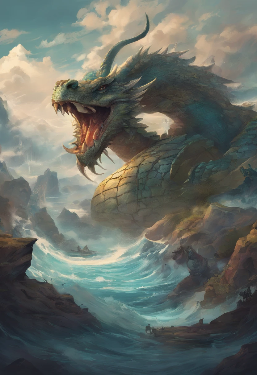 Chinese,Chinese mythology,Dragon Turtle,Longhorn Faucet,Tortoise body,Heavy turtle shell,Snake tail grows,There are horns on the head.,snarl,Ferocious,Extrajudicial,Eyes glow with a bluish glow,Mare,Huge waves,Surrounded by clouds,medium scene,Full body like, Highly detailed and surreal VFX,OC rendering, - AR 16 (English):9 --q 2 --s 1000