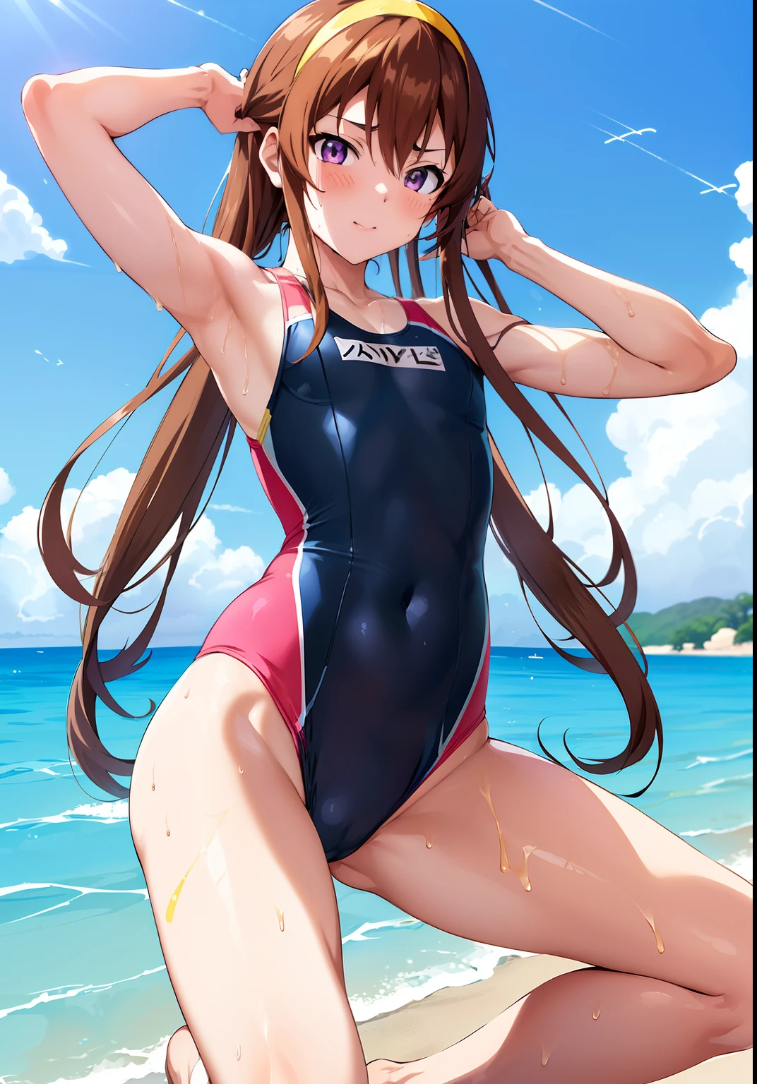 Anime boy in swimsuit, Long twin-tailed brown-haired boy, Long Two Side Up Brown Hair Boy, Boy with Purple Eyes, wearing a swimming wear, Swimsuit, Wet swimsuit, Seductive Anime Boy, garments:High-cut swimwear, Cool anime boy in black and yellow tanksuit, anime moe art style, swim wears, Black and yellow high leg racing swimwear, Commission for high resolution, Competitive swimsuit, (Anime Boy), onepiece swimsuit, marin kitagawa fanart, high quality fan art, highleg, cel shaded anime, swimsuit model, High Leg Racing Swimwear, oc commission, [ 4 k digital art ]!!, Realistic swimwear, Yellow Hairband, Bare shoulders, bare legs, !!Full body portrait!!,