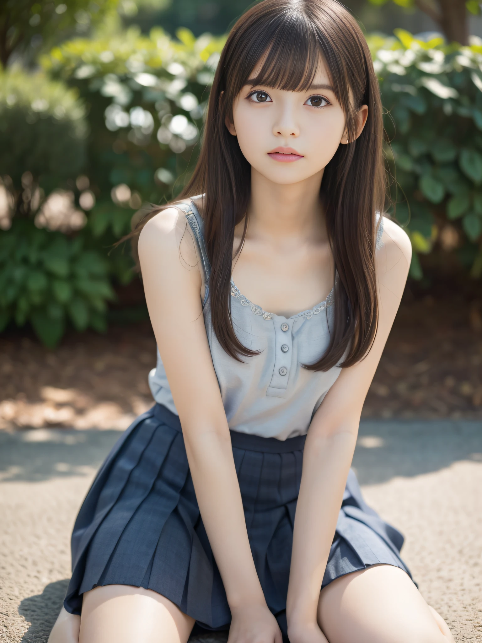 Best image quality, focus, soft light, 15 years old, ((Japanese)), (sleeveless), (((front, young face))), (depth of field), super high resolution, (realistic: 1.4 ) , RAW photo, from above, upper body