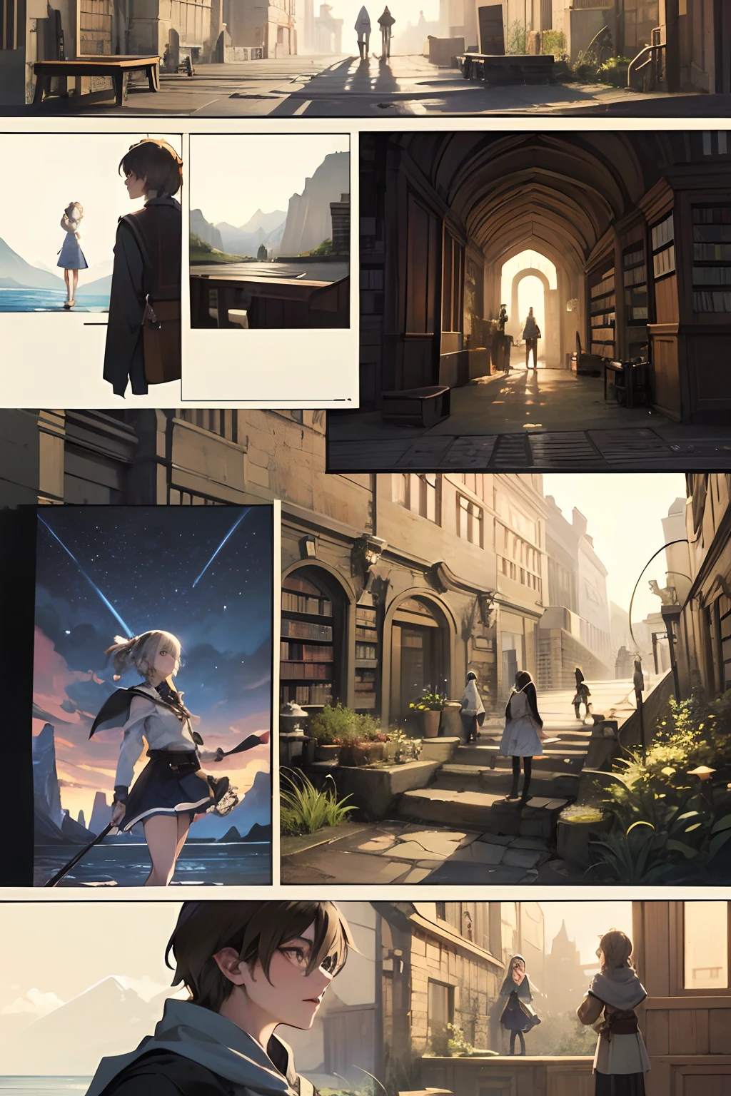 Act I:Discovery of the fantasy world The protagonist is an ordinary young man,His name is Alex,He lives in an ordinary town。 One day,Alex discovers a mysterious book of magic in the ancient library。 The book describes a legend "Magic by",It can lead to a mysterious fantasy world。 Act II:Through the magic door Alex decides to look for this magical door,It was eventually discovered hidden deep in the forest。 He bravely walked through the door,Travel to a fantasy world full of magic and mysterious creatures。 In this world,Alex befriends a clever elf,Her name is Alice,She will be his adventure partner。 Act III:Mystery Mission Alex and Alice learn that this fantasy world is threatened by dark forces,They must find a way out。 They embarked on an adventure,Find legendary Pokémon treasures,Can defeat the dark forces。 On the go,They will encounter a wide variety of magical creatures and challenges,Including dragons、Stunning forests and amazing rivers。 Act IV:Final showdown final,Alex and Alice find the legendary treasure,But it also attracted the pursuit of dark forces。 They returned to the Magic Gate,Prepare to defend the fantasy world with treasure。 A gorgeous decisive battle broke out,Alex and Alice unleash their courage and wisdom,Finally defeated the leader of the dark forces。 Act V:Back to the Real World Alex and Alice successfully save the fantasy world,But I also have a sense of parting。 They are back in the real world,But never forget the adventures in the fantasy world。 Alex put the magic book back in the library,Say goodbye to Alice,But knowing that they can always meet again。comic strip,Cartoon Split,Exceptional,Storyboard,Masterpiece, Anime college student standing by the sea, Bright starry sky. romantic couple, Makoto Shinkai's picture, Pisif, concept-art, Lofi art style, Reflection. By Makoto Shinkai, Lofi art, beautiful anime scenes, Anime landscape, Detailed scenery —width 672, in the style of makoto shinkai, Makoto Shinkai's style, Enhanced detail.