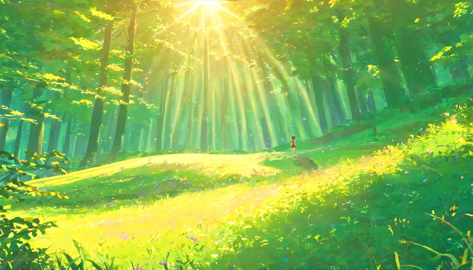 k hd,ssee-through,First perspective,Top view,the setting sun,ln the forest,deers,rays of sunshine,dingdall effect,rivulets,