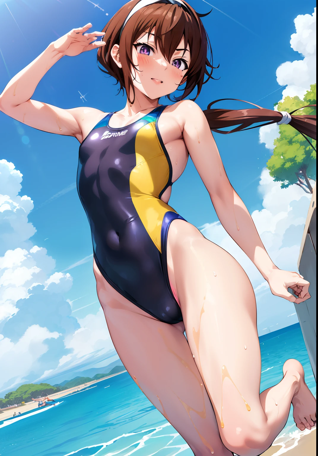 Anime boy in swimsuit, Long twin-tailed brown-haired boy, Long Two Side Up Brown Hair Boy, Boy with Purple Eyes, wearing a swimming wear, Swimsuit, Wet swimsuit, Seductive Anime Boy, garments:High-cut swimwear, Cool anime boy in black and yellow tanksuit, anime moe art style, swim wears, Black and yellow high leg racing swimwear, Commission for high resolution, Competitive swimsuit, (Anime Boy), onepiece swimsuit, marin kitagawa fanart, high quality fan art, highleg, cel shaded anime, swimsuit model, High Leg Racing Swimwear, oc commission, [ 4 k digital art ]!!, Realistic swimwear, Yellow Hairband, Bare shoulders, bare legs, !!Full body portrait!!,