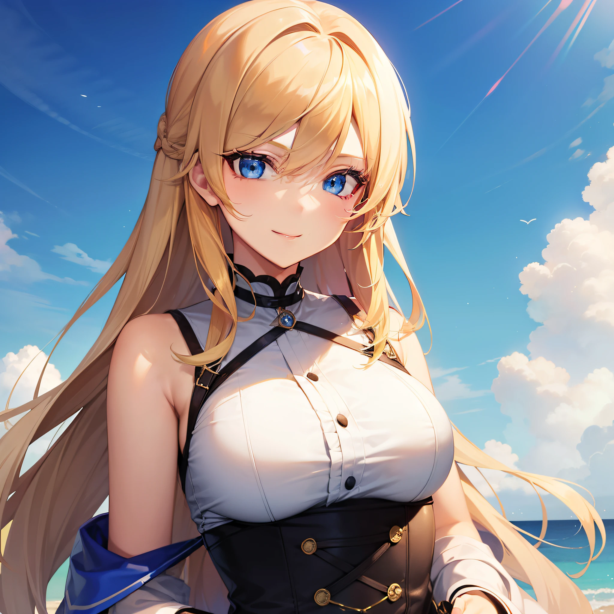 A pretty anime lady, wearing fashion clothes, a lady with blonde hair and blue eyes, is looking at you with a gentle smile.