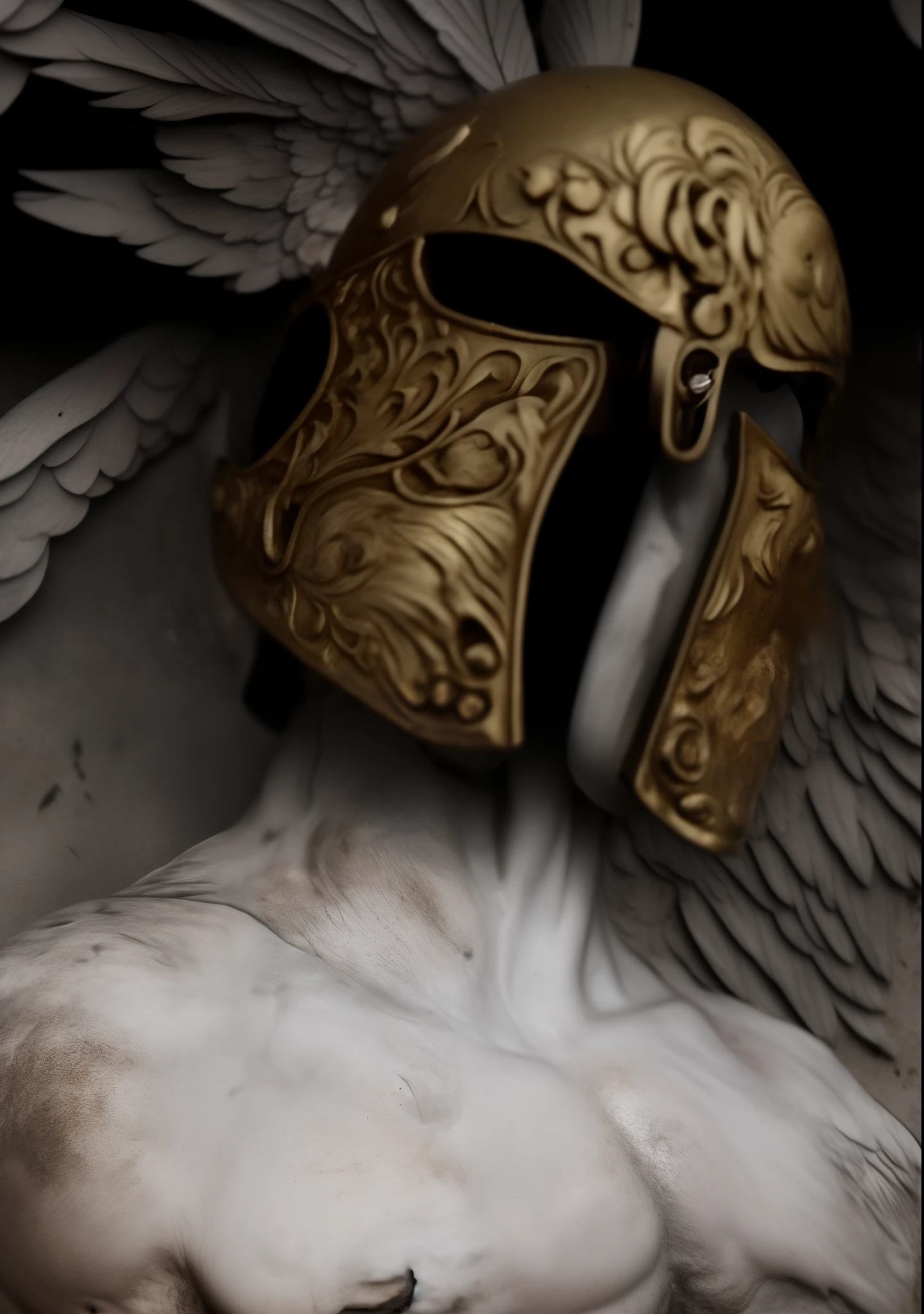 masterpiece, high quality, portrait of angel, angel warrior with grey skin, detailed body, detailed skin, in gold helmet with feathers on a black background, detailed winged helmet, detailed helmet, warrior, archangel, Mizrael, ancient warrior, devianart, templar, spartan warrior, spartan, artdevian, greek dark myth, [[fantasy]], ares, wearing ornate helmet, undead winged hussar, avian warrior, herculean, gwyn, empty helmet