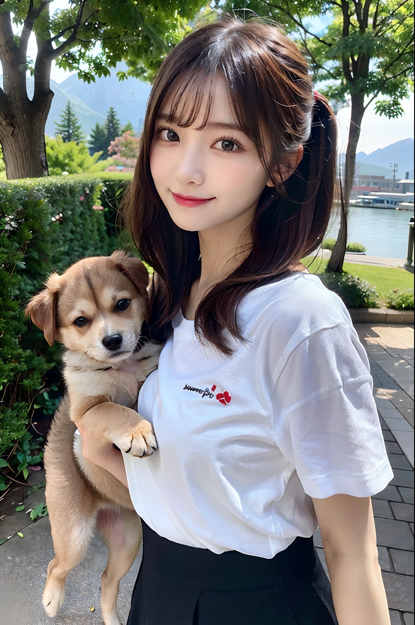 Flowing with crystal clear water,beautiful mountain in background々,(Girl taking a walk with a puppy:1.3),(Shiba dog:1.3),Have a lead,Very Big White T-Shirt,Cargo pants, gently smiling、(beautiful a girl)、(short hair of red-brown color、hair pin、poneyTail、Floating hair、)Colossal tits、A smile that beguiles the viewer、Look into the photographer、skin glistening with sweat、gazing at viewer,pointed red mouth,Perfect round face,,Proper body proportion,Intricate details,Very delicate and beautiful hair,photos realistic,Dreamy,Professional Lighting,realistic shadow,Beautiful hands,Beautiful fingers,Detailed finger features,Detailed arm functions,detailed clothes features,Detailed hair features,detailed facial features,(masutepiece,top-quality,Ultra-high resolution output image,) ,(The 8k quality,),(Image Mode Ultra HD,)