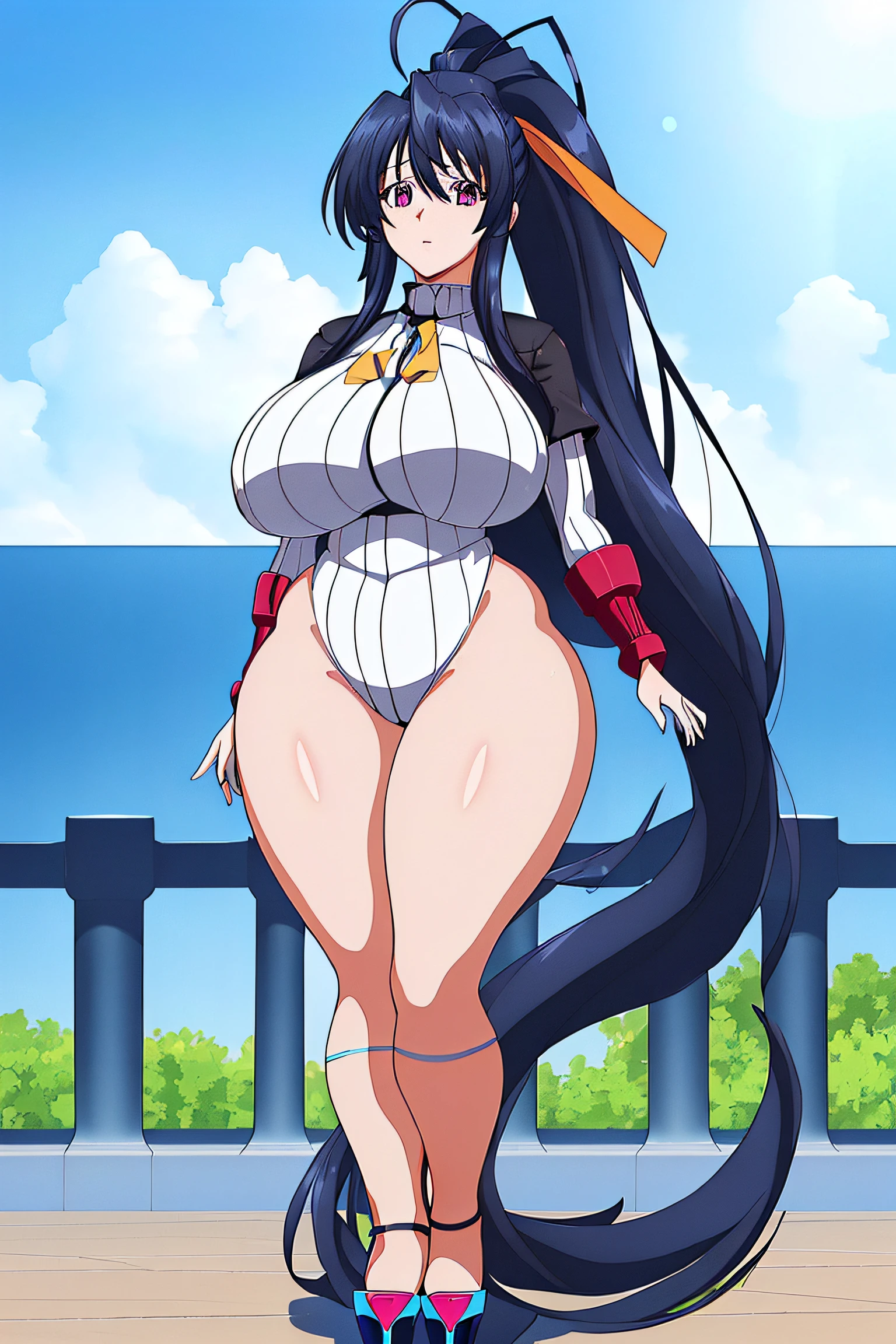 (day),blue sky with clouds, 
(Standing at attention),
(dollsuit:1.4), (platform_heels:1.6), (full body:1.4)
black hair, pink eyes, Very Long Hair,hair_between_eyes,ponytail,Yellow_hair_ribbon,
1 girl, 20yo,Young female,Beautiful Finger,Beautiful long legs,Beautiful body,Beautiful Nose,Beautiful character design, perfect eyes, perfect face,expressive eyes,
looking at viewer,(Upper_body),(Focus on her face),
official art,extremely detailed CG unity 8k wallpaper, perfect lighting,Colorful, Bright_Front_face_Lighting,shiny skin, 
(masterpiece:1.0),(best_quality:1.0), ultra high res,4K,ultra-detailed,
photography, 8K, HDR, highres, absurdres:1.2, Kodak portra 400, film grain, blurry background, bokeh:1.2, lens flare, (vibrant_color:1.2)
(Beautiful,huge_Breasts:1.6), (beautiful, thick_thighs:1.6), (beautiful_face:1.5),(narrow_waist),