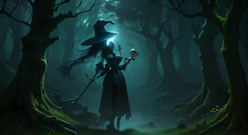 (best quality,highres,realistic:1.2),green ugly naked witch in a mysterious forest scene at night with moonlight, surrounded by a strange mist. With extremely long perky conical pointy breasts making her figure stand out, she has a long hooked nose and piercing eyes. In her hand, she firmly holds a big dildo, adding an element of intrigue to the composition. The witch's smooth shaved pussy, discreetly visible, adds a touch of sensuality to the scene. As the moonlight filters through the trees, highlighting the witch's features, she confidently stands, casting a spell while urinating, creating an eerie yet powerful atmosphere. The forest is characterized by its dense foliage and twisted trees, shrouded in shadows and bathed in an otherworldly glow. With this prompt, generate a hauntingly beautiful and captivating artwork that combines darkness and enchantment.