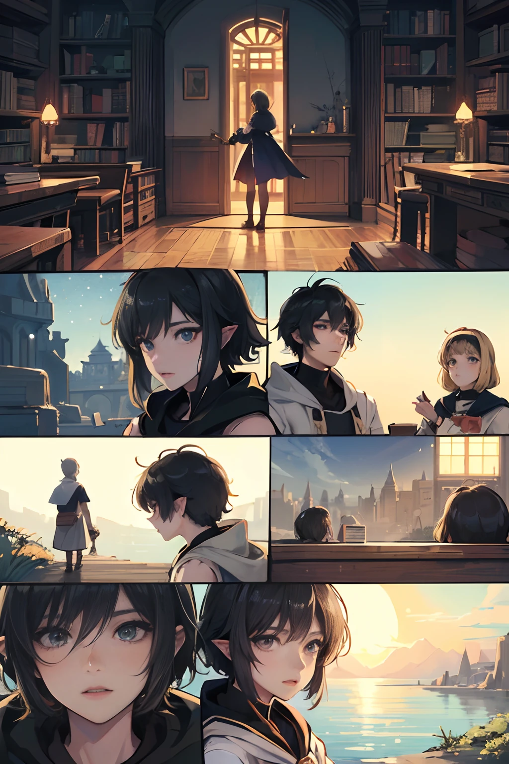 Act I:Discovery of the fantasy world The protagonist is an ordinary young man,His name is Alex,He lives in an ordinary town。 One day,Alex discovers a mysterious book of magic in the ancient library。 The book describes a legend "Magic by",It can lead to a mysterious fantasy world。 Act II:Through the magic door Alex decides to look for this magical door,It was eventually discovered hidden deep in the forest。 He bravely walked through the door,Travel to a fantasy world full of magic and mysterious creatures。 In this world,Alex befriends a clever elf,Her name is Alice,She will be his adventure partner。 Act III:Mystery Mission Alex and Alice learn that this fantasy world is threatened by dark forces,They must find a way out。 They embarked on an adventure,Find legendary Pokémon treasures,Can defeat the dark forces。 On the go,They will encounter a wide variety of magical creatures and challenges,Including dragons、Stunning forests and amazing rivers。 Act IV:Final showdown final,Alex and Alice find the legendary treasure,But it also attracted the pursuit of dark forces。 They returned to the Magic Gate,Prepare to defend the fantasy world with treasure。 A gorgeous decisive battle broke out,Alex and Alice unleash their courage and wisdom,Finally defeated the leader of the dark forces。 Act V:Back to the Real World Alex and Alice successfully save the fantasy world,But I also have a sense of parting。 They are back in the real world,But never forget the adventures in the fantasy world。 Alex put the magic book back in the library,Say goodbye to Alice,But knowing that they can always meet again。comic strip,Cartoon Split,Exceptional,Storyboard,Masterpiece, Anime college student standing by the sea, Bright starry sky. romantic couple, Makoto Shinkai's picture, Pisif, concept-art, Lofi art style, Reflection. By Makoto Shinkai, Lofi art, beautiful anime scenes, Anime landscape, Detailed scenery —width 672, in the style of makoto shinkai, Makoto Shinkai's style, Enhanced detail.