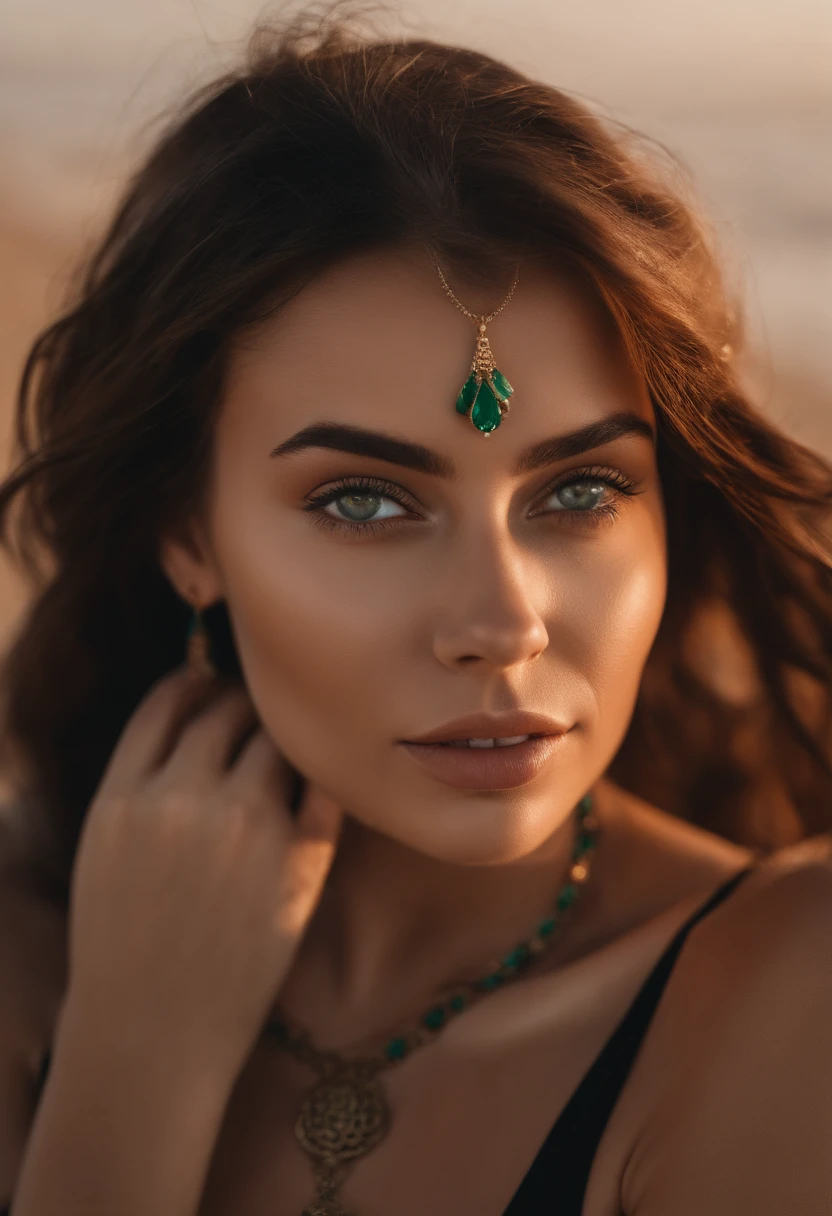 arafed woman with a black bikini and a necklace on the beach, sexy girl with green eyes, portrait sophie mudd, brown hair and large eyes, picture of a young woman, bedroom eyes, violet myers, without makeup, natural makeup, looking directly at the camera, face with artgram, subtle makeup, piercing green eyes