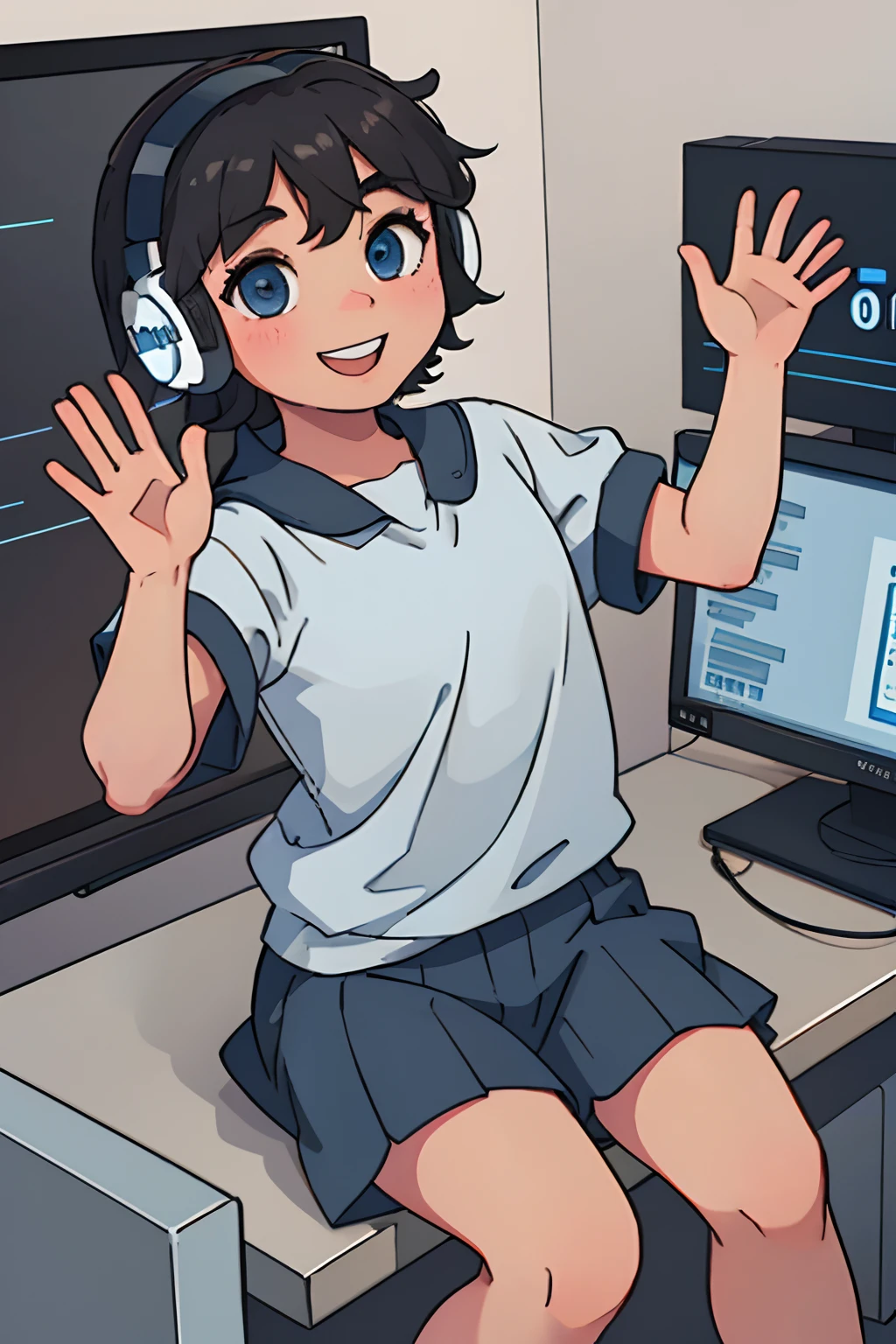 Best quality: 1.0), (Super High Resolution: 1.0), cute school boy, cheerful, smiling, excited, saying hi, waving hi, bust shot, short black hair, blue eyes, sitting in front of computer coding programming, wearing headphones, background in esports room,