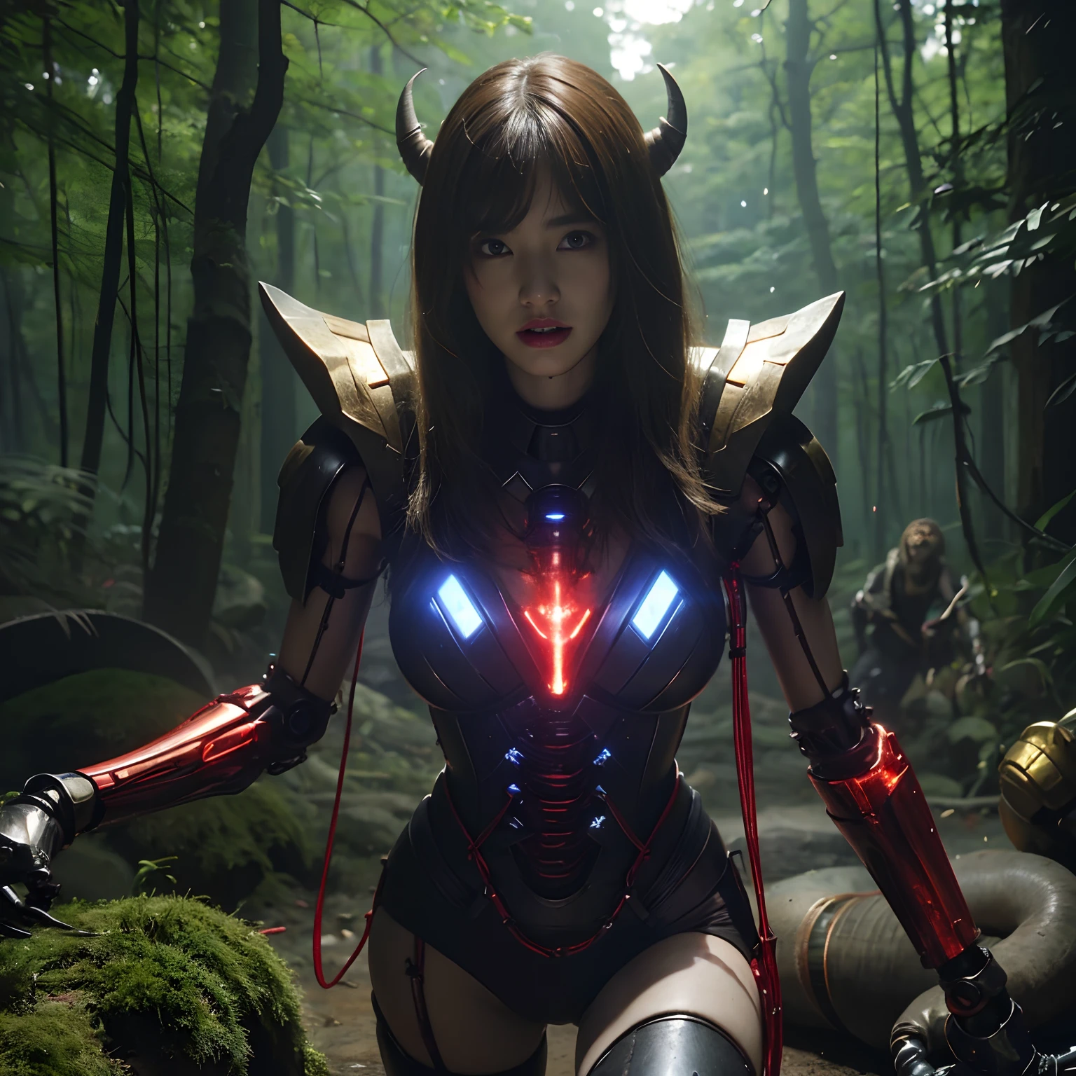 (1 Mechanical Girl)、top-quality、masterpiece、超A high resolution、(Photorealsitic:1.4)、Raw photo、1人、Fight mutants、glowy skin、(((1 Mechanical Girl)))、With a beautiful knife、(Yellow Metal Bodysuit)、(Kobold、ogre、Fierce battle with orcs),(Fight fiercely against aliens)、Fight fiercely、(beautiful forest background)、(Fighting Demonic Beasts)、(Small LED)、((super realistic details))、portlate、(Strong giant demon beast background),globalillumination、Shadow、octan render、8K、ultrasharp、Colossal tits、Raw skin is exposed in cleavage、metals、Details of complex ornaments、Japan details、highly intricate detail、Realistic light、(Mystical expression),CGSoation Trends、Red Eyes、radiant eyes、Facing the camera、neon details、(Mechanical limbs)、(blood vessels connected to tubes)、Mechanical vertebrae attached to the back、mechanical cervical attaching to neck、(Wires and cables connecting to the head)、Gundam、Small LED、,Mechanical thighs、Toostock、(Hands are also made of machines)、(Attack of the Monster Beasts)、(Wounded in a deadly battle)、