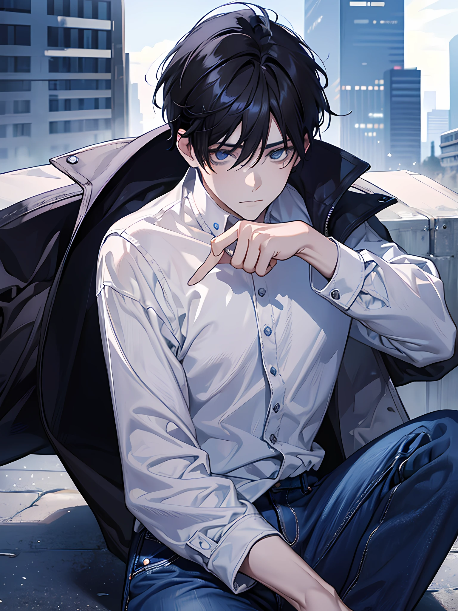 1boy, black hair, blue eyes, wearing plain white shirt, denim jeans, city, absurdres, high res, ultrasharp, 8K, masterpiece, looking at viewer