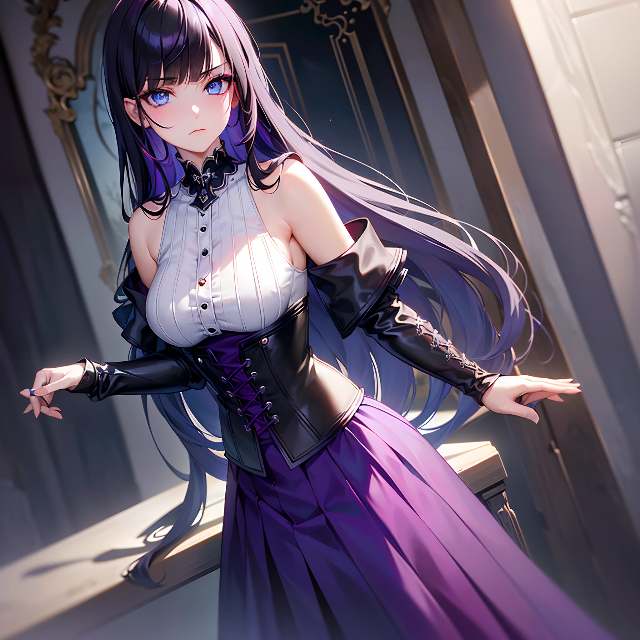 (Masterpiece, best quality, highest resolution), (1 girl, solo, goth girl, full picture, raytracing, melancholic expression, purple smokey eye makeup), (blue eyes, black hair), ((red fringes)), long hair, sleeveless shirt, corset, skirt, frills, glossy white kneehighs