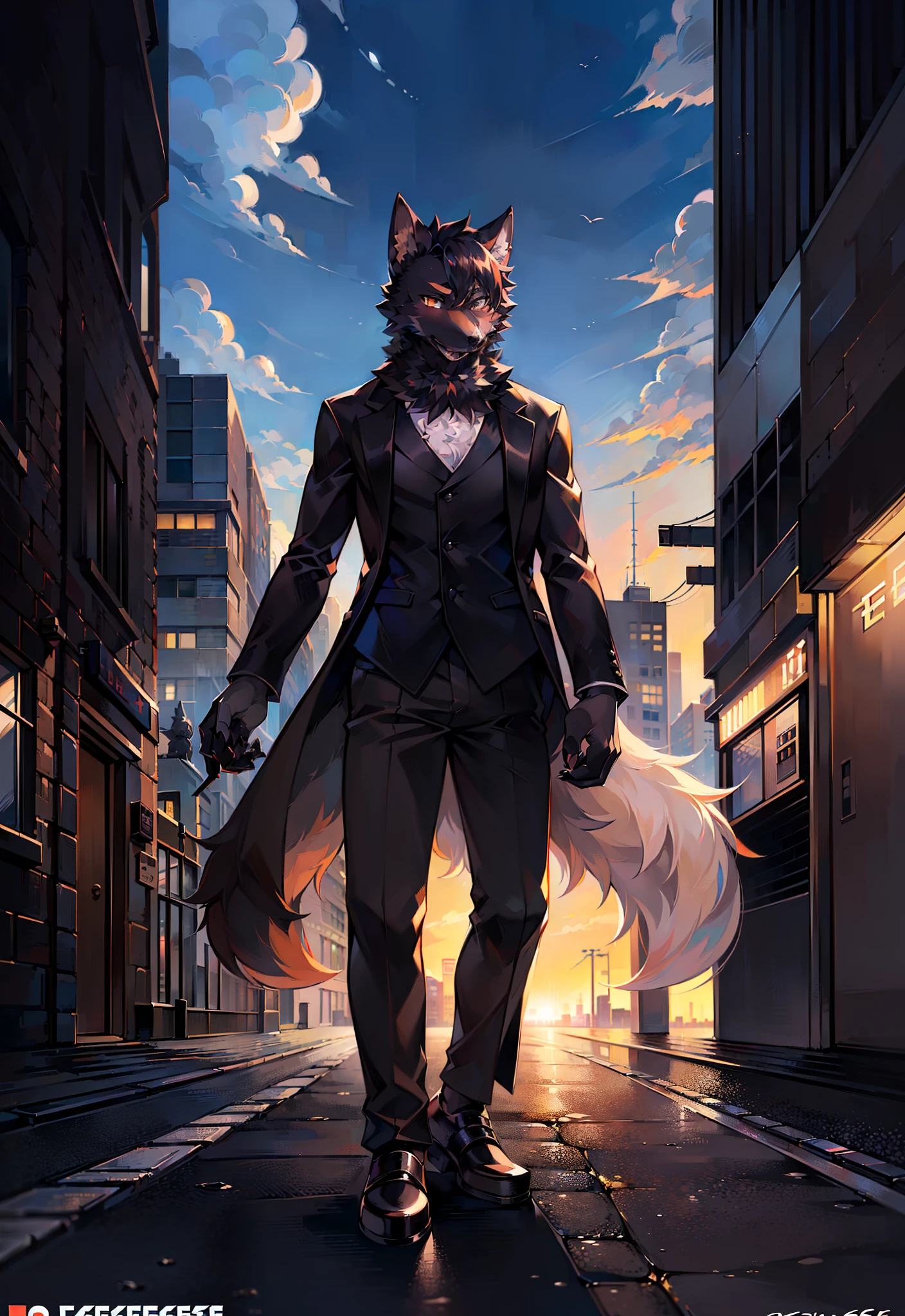 (furry art, uploaded on e621:1.4), (masutepiece:1.3), (Best Quality:1.2),(2D:1.0), (Anime:1.0), (Illustration:1.0), (sharp:1.2), (light_environment), (city), (Clear, shiny:0.8), (Impasto:1.1), (Ultra-detailed:1.0) (1boy, Solo), Black, (anthro furry:1.6), (anthro_Man's_wolf:1.2), (Black fur:1.6), tailcoat, Long pants