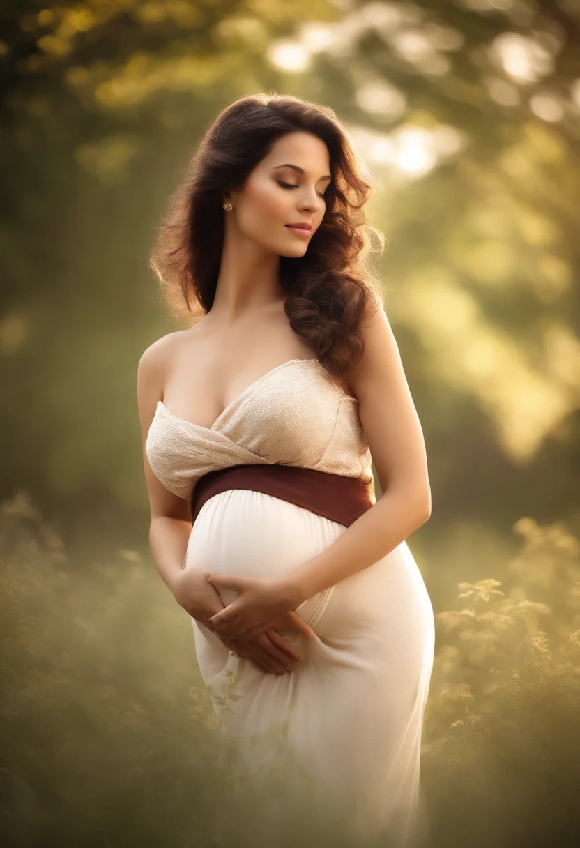 1girl. Tan skin, freckles on nose, freckles on cheeks, dark brown hair, wavy hair, hair braid, pregnant, photo shoot