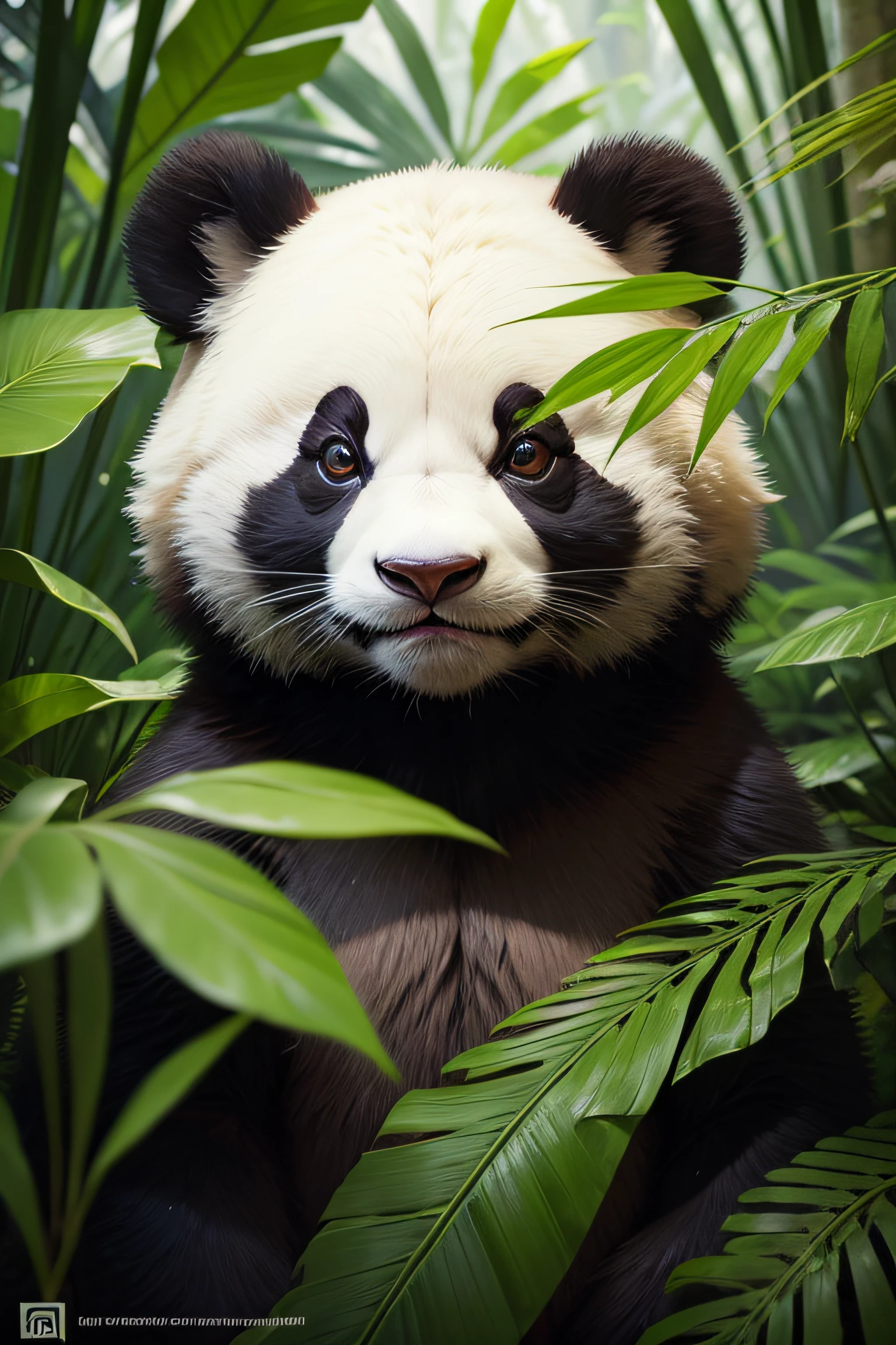Animal Panda High nation-geographic symmetrical close-up portrait shoot in green jungle of an expressive , anamorphic lens, ultra-realistic, hyper-detailed, green-core, jungle-core –ar 16:9 –q 2 –v 5 rtx on --ar 73:128 --s 750 --v 5. 2