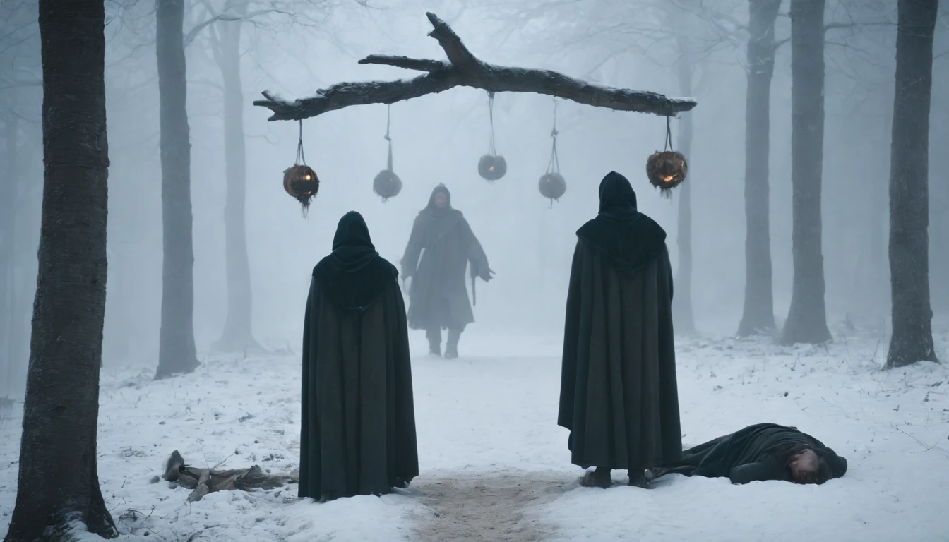 medieval hungary, three corpses hang limply from trees by the dirt roadside, snow, eerie, scary, mystical, night, moon in sky, cinematic scene from film