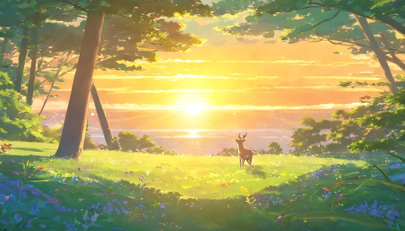 k hd，ssee-through，First perspective，Overlooking，the setting sun，ln the forest，sika deer，rays of sunshine，Dingdall effect，flod，The fish，Flowers