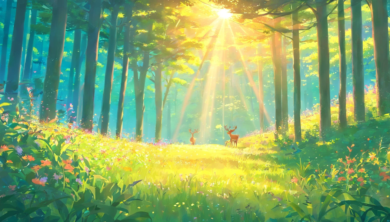k hd,ssee-through,First perspective,Overlooking,the setting sun,ln the forest,sika deer,rays of sunshine,Dingdall effect,flod,The fish,Flowers