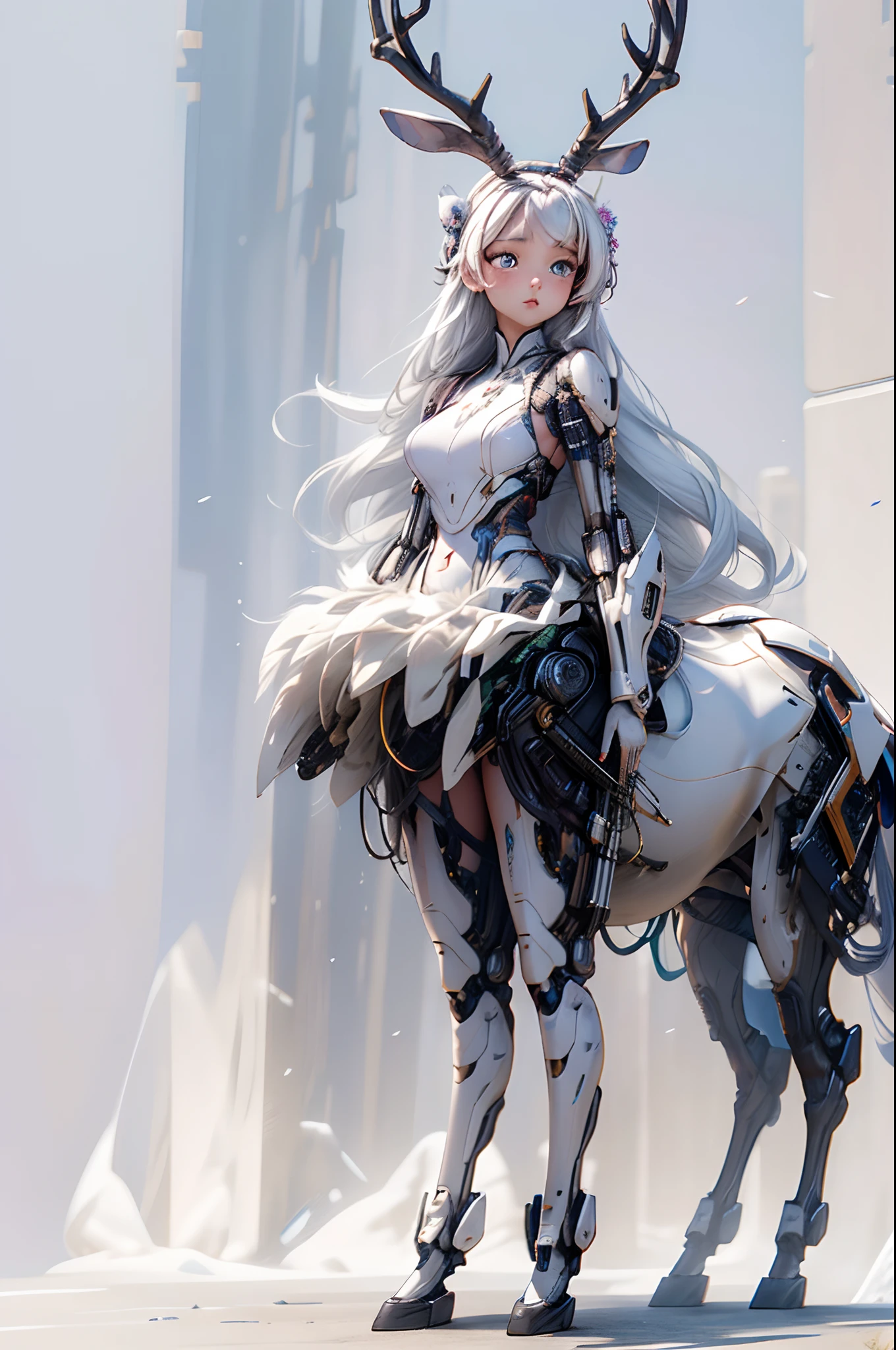 (masterpiece), (best quality), 8k resolution, 1girl, Asian girl, stunning beauty, perfect face, perfect body, mature female, 20yo, sexy, mecha armor, deer ear, huge deer horns, long hair, white hair, simple background, full body, deer body