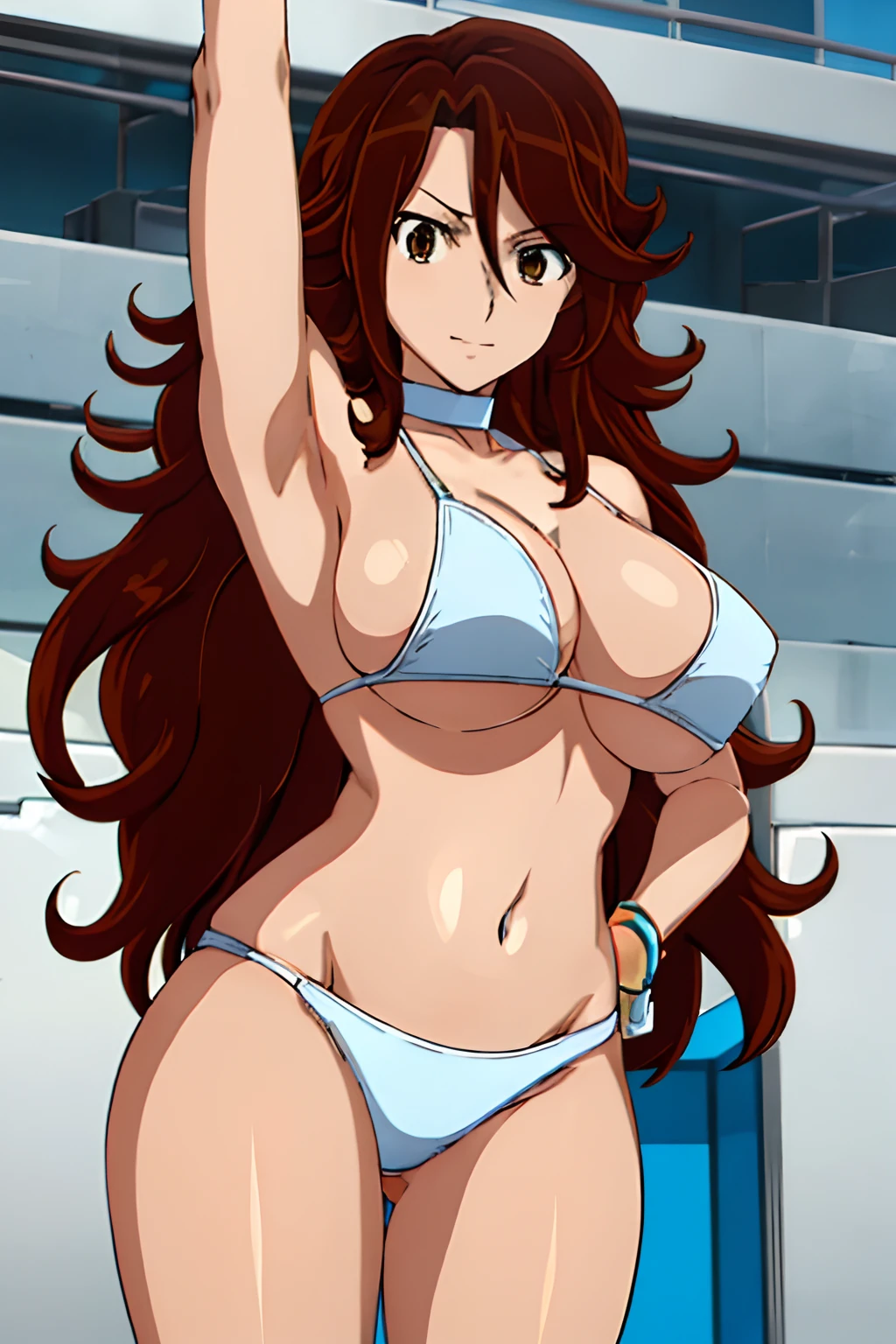 selfie shot, upper body view, anime style: 1.8, anime drawing, ultra detailed face, ultra detailed body, 4k, Sumergai Lee Noriega, (standing groggily), best quality, anime style, hires, highest definition, digital blending, bold drawing lines, ((slender body, (female wrestler)), (location: wrestling arena, crowds watching), (strong, tall, broad shoulders, , biceps, thighs), ((white micro , shorts, groin, white boots, , collar)), victorious, winner, smile, , (), (big eyes, brown eyes), (warming up), (brown hair, loose hair, curly hair, wavy hair, long hair, missy hair), 27 years old, (show both armpits, closed fists)