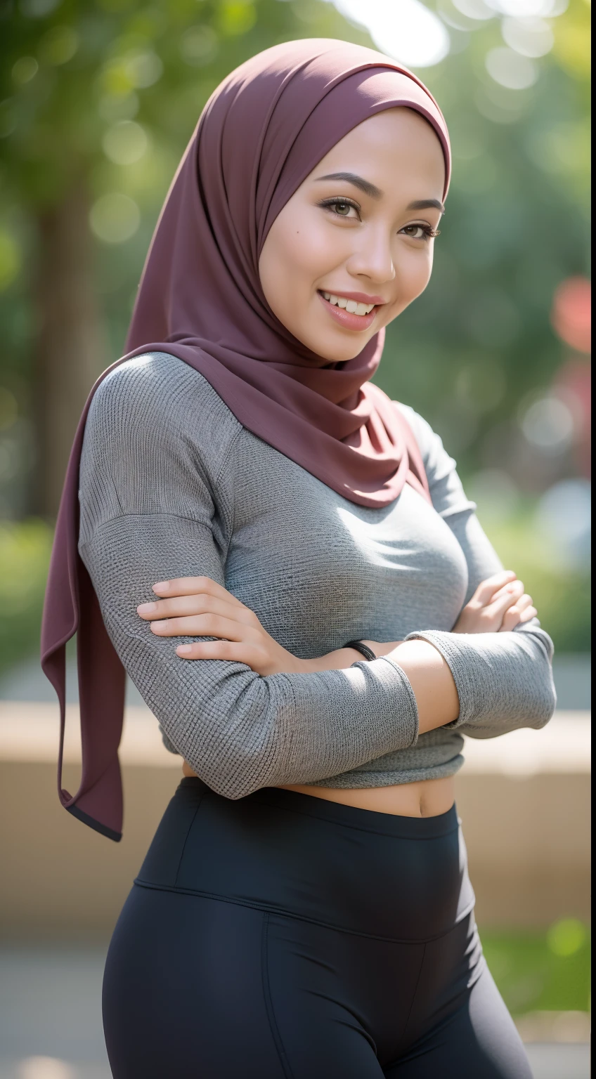 Malay girl in hijab wear big oversized loose hoodie and high waist leggings in gym, seating, wear back pack, front view, detail skin, detail skin texture, mole below eyes, small breast, big hip, big waist, big thigh, slim abs, beautiful body, evening, laughing, happy, bright lighting, blur background, bokeh,