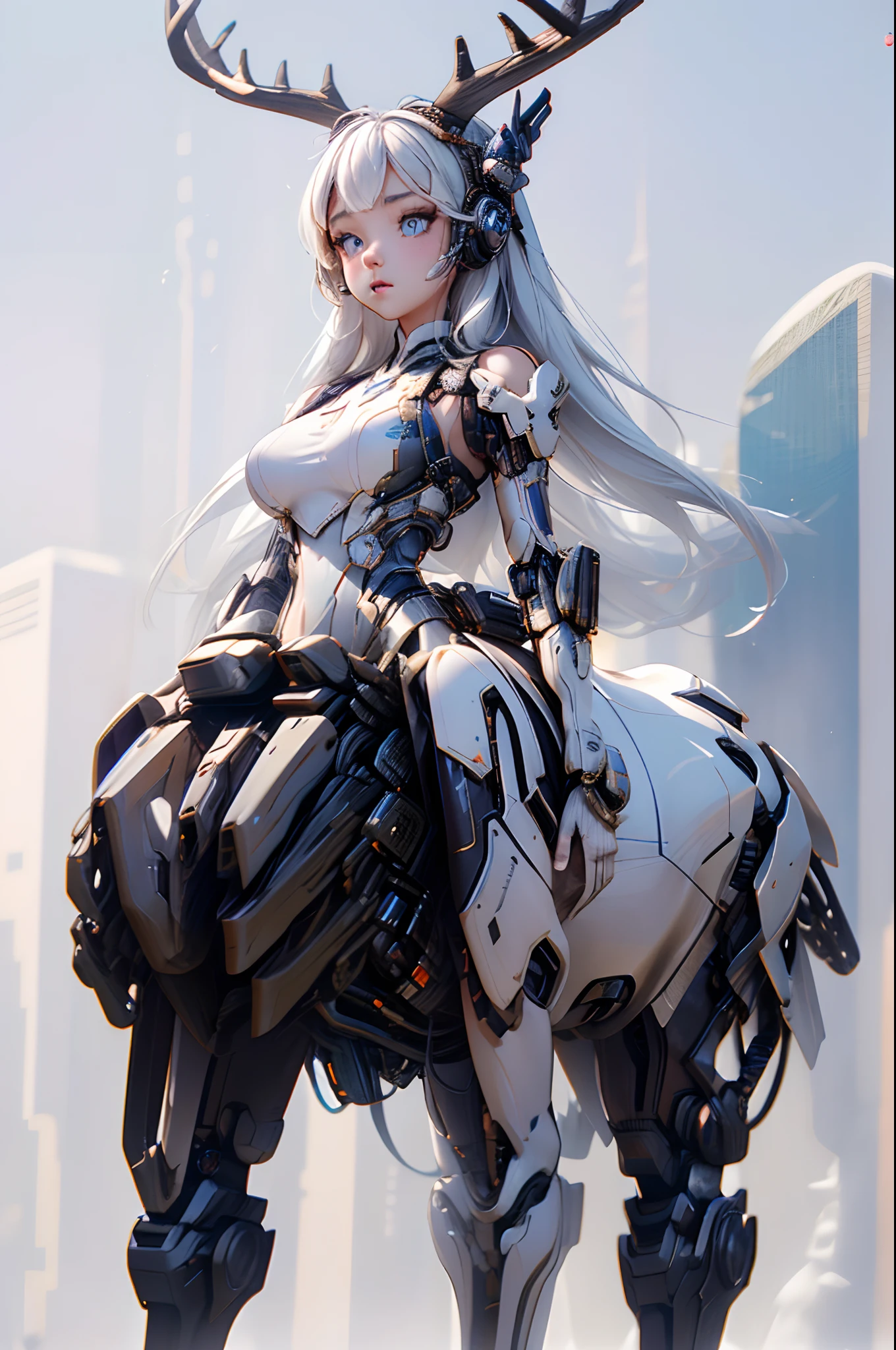 (masterpiece), (best quality), 8k resolution, 1girl, Asian girl, stunning beauty, perfect face, perfect body, mature female, 20yo, sexy, mecha armor, deer ear, huge deer horns, long hair, white hair, simple background, full body, deer body