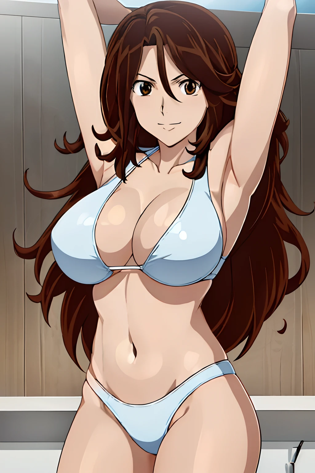 Selfie shot, detailed face, upper body view, detailed body, 4k, Sumergai Lee Noriega, best quality, anime style, hires, highest definition, digital blending, bold drawing lines, ((), (slender body), mature woman, (female wrestler, white wrestling bikini, biceps), cheerful, gorgeous, smile, (closed mouth), (pale skin, shiny skin, lighting and shadow), (cleavage), (strong arms, clean face), (hands on hips), (brown hair, curly hair, long hair), 27 years old, sexy