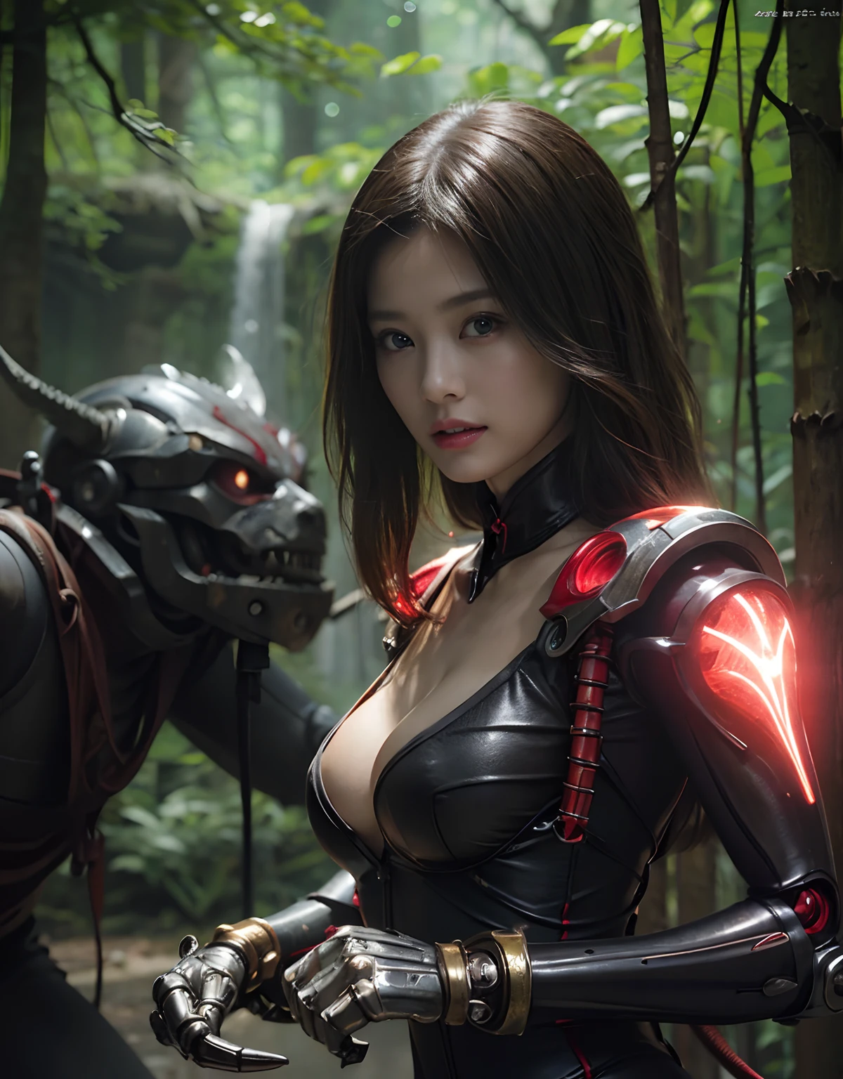 (Wearing a Devil's Bodysuit)、top-quality、masterpiece、超A high resolution、(Photorealsitic:1.4)、Raw photo、1人、Fight mutants、glowy skin、(((1 Mechanical Girl)))、With a beautiful knife、(Green Metal Bodysuit)、(Fight fiercely against aliens)、Fight fiercely、(beautiful forest background)、(Fighting Demonic Beasts)、(Small LED)、((super realistic details))、portlate、(Strong giant demon beast background),globalillumination、Shadow、octan render、8K、ultrasharp、Colossal tits、Raw skin is exposed in cleavage、metals、Details of complex ornaments、Japan details、highly intricate detail、Realistic light、(Mystical expression),CGSoation Trends、Red Eyes、radiant eyes、Facing the camera、neon details、(Mechanical limbs)、(blood vessels connected to tubes)、Mechanical vertebrae attached to the back、mechanical cervical attaching to neck、(Wires and cables connecting to the head)、Gundam、Small LED、,Mechanical thighs、Toostock、(Hands are also made of machines)、(Attack of the Monster Beasts)、(Wounded in a deadly battle)、