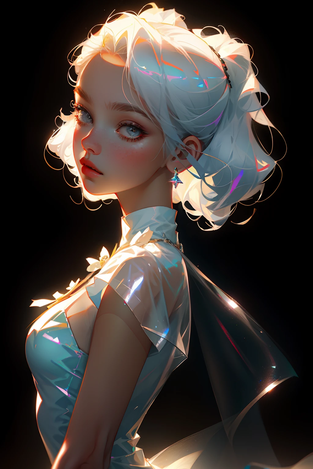 Highest quality,The perfect masterpiece,Perfect artwork,Official Works,8K,
(Upper Body Portrait:1.3),((Seen from the side:1.5)),close-up lens,Delicate face,
17 years old,White-haired girl,(hakuhatsu:1.5),short and medium hair,((White transparent eyes:1.5)),(white dress:1.2),(Transparent clothing:1.2),(Black background:1.3),
pearl illusion,Cyberpunk,fashion trend,3s material,high-definition,detail representation,c4d,3D,octane rendering,ray tracing,complex details,animated lighting,OCrenderer,