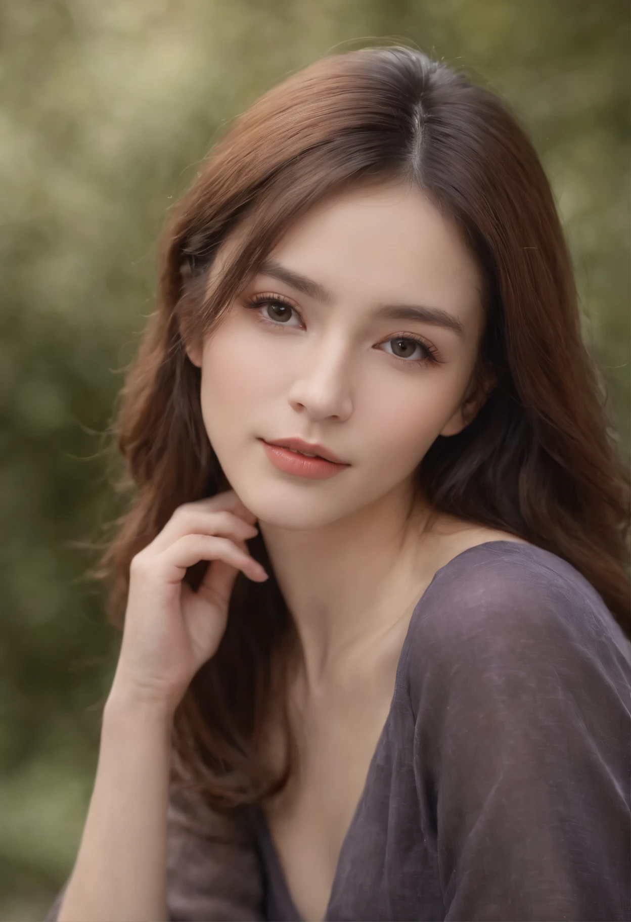 Very shrewd beautiful woman,Hair shoulder to shoulder,Black and supple,Light is discerning,She was born with a pair of Danfeng eyes,fly slightly upwards under the cover of long eyelashes,,Skinny jeans and purple t-shirt,In a natural, It has a special charm,Femme and move.