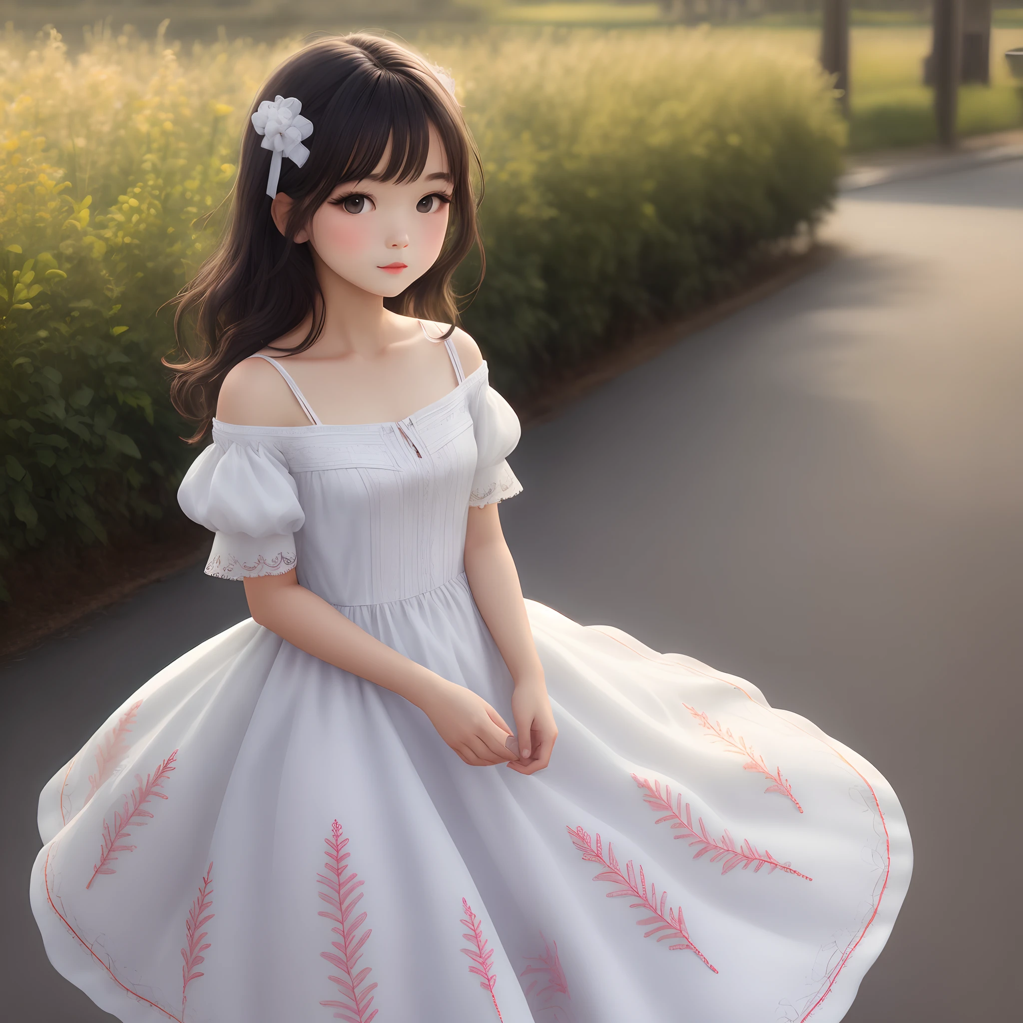Girl in white dress with meander embroidery