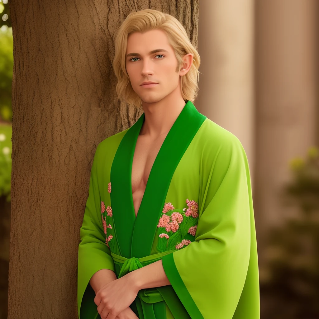 A handsome elven male with blonde hair, blue eyes, soft smile, and bright green robe embroidered with gold flowers
