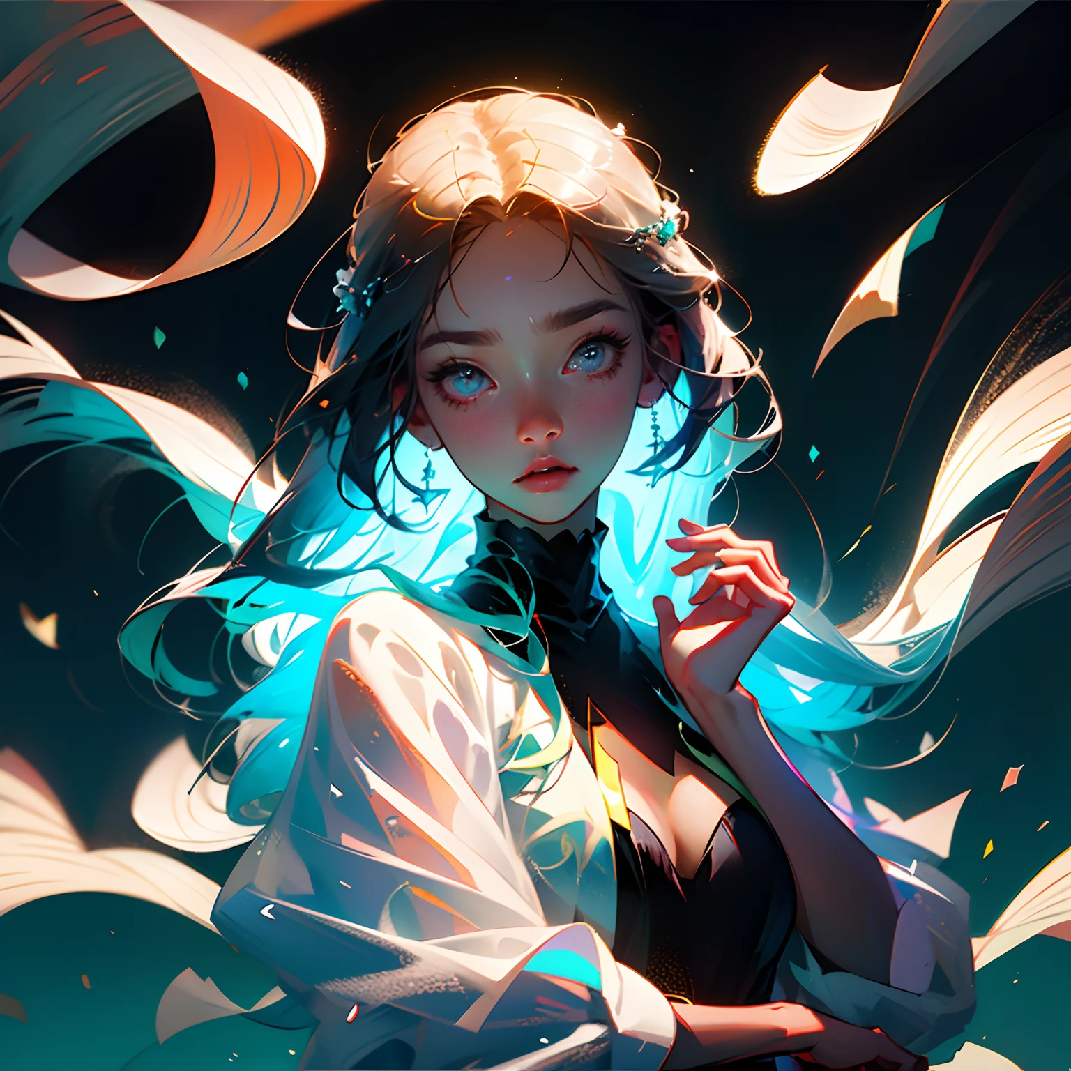 (masterpiece), (best quality), (ultra detailed),(disheveled hair),(illustration), (1girl), (Fashionable clothing), standing, Fashion model, looking at viewer, (interview), (simple background),beautiful detailed eyes, delicate beautiful face, Floating,(high saturation),(colorful splashes),colorful bubble,(shining), focus on face, kamisato ayaka, light blue hair, bangs, hair ring, floating flowers, floating hairs.Girl, anime waifu, looking at viewer, highlydetailed, reflections transparent iridescent colors, long transparent iridescent RGB hair, artby Serafleur from artstation, thick acrylic,illustration on pixiv, waist up portrait, gorgeoussacred girl, best quality, ultra detailed,sad,clever,beautiful face , beautiful lighton black background, Character stvle renderedby Octane,