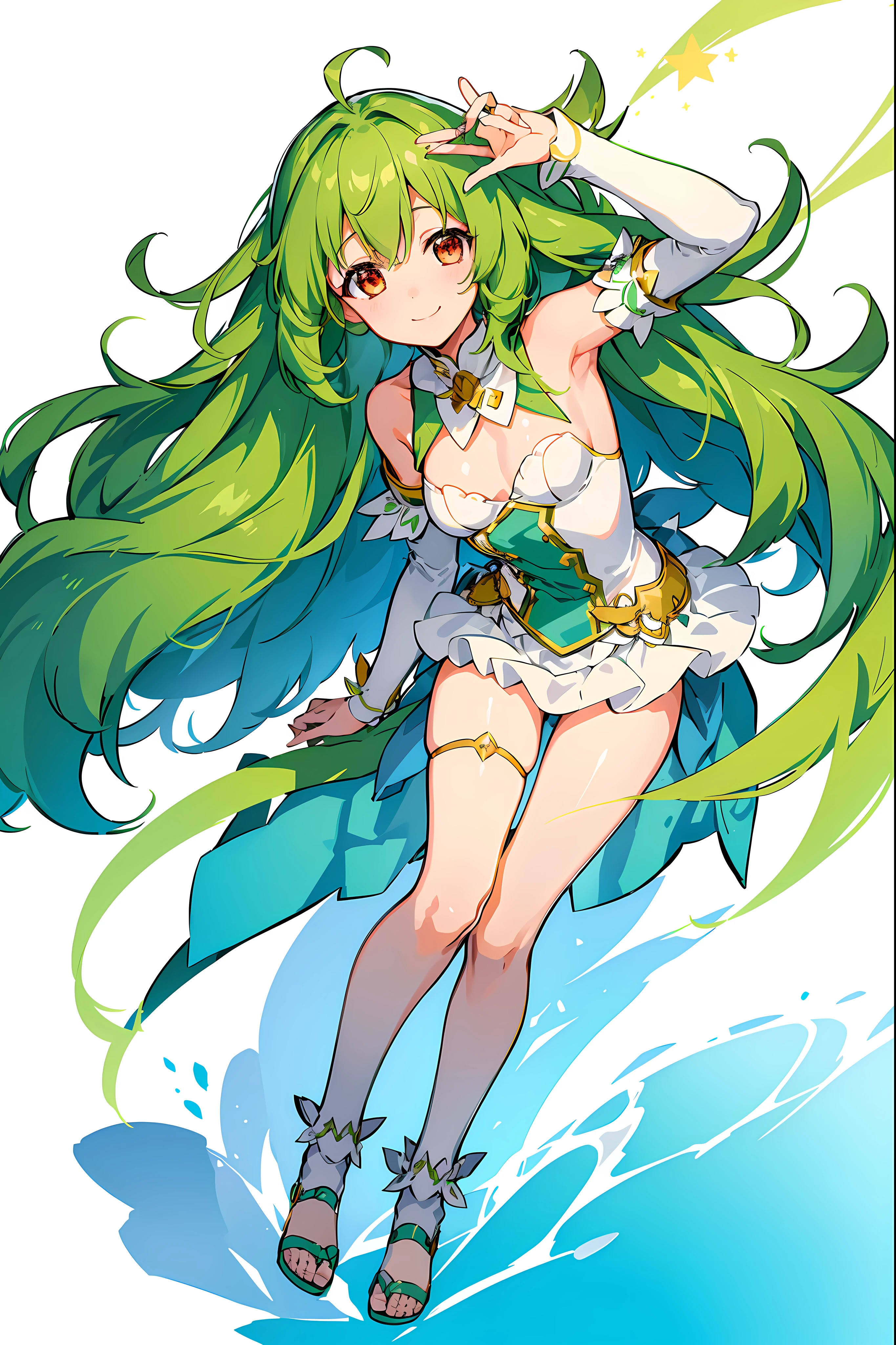 full body Esbian、Lanka、Lanka Lee、Idol、with a pure white background、A smile、Green hair、独奏、1girll、masuter piece、macross