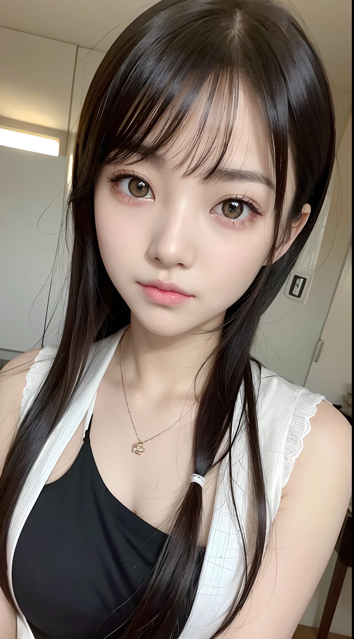 master piece , best quality , japanese , cute face , (symmetrical clear eyes:1.3) , shining eyes , sexual ecstasy face , Oversized Breasts , wearing Halter neck lace teddy with peek-a-boo cups , bed