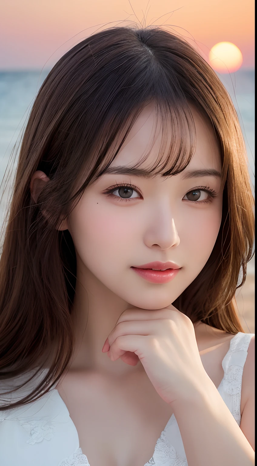 masutepiece, Best Quality, Illustration, Ultra-detailed, finely detail, hight resolution, 8K Wallpaper, Perfect dynamic composition, Beautiful detailed eyes, Wear a dress, Natural Color Lip,Beach, Random and cute poses, Kissing face,Close your eyes,Face Kiss Viewer,Perfect and beautiful face,Cute,Sexy face,Raise chin,Sunset