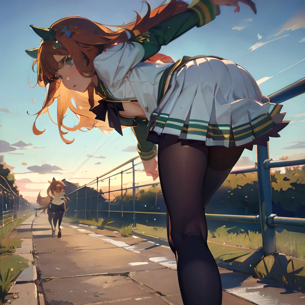 Masterpiece, Best Quality,  close up, face shot,
silence suzuka \(umamusume\),, white skirt, pleated skirt, black tights, white bra with patches, black bow, running, Loose grass, heel, Butt view, full length, Srusy